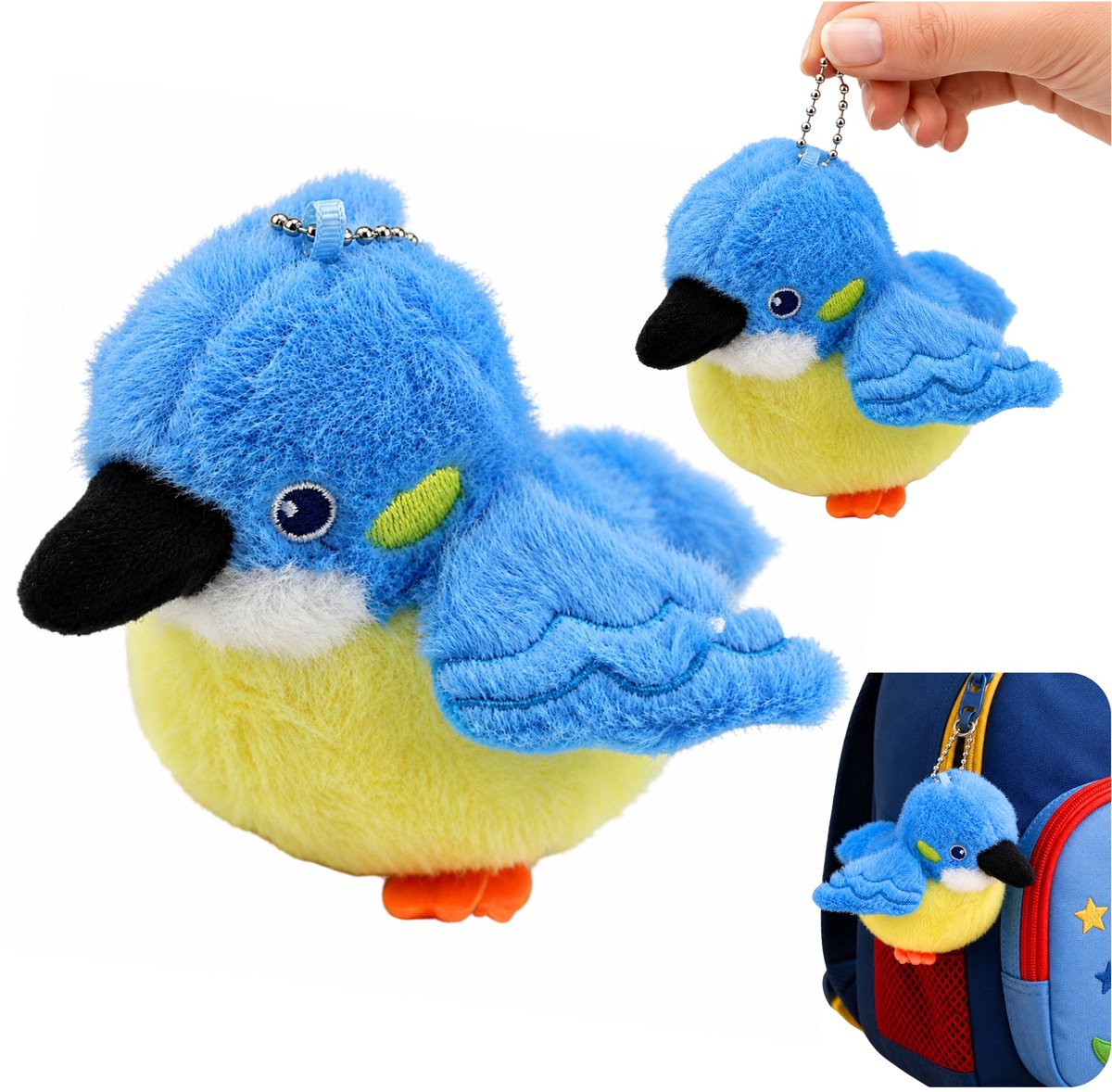 Pluche Vogelmascotte aan een sleutelhanger met hanger blauw 9 cm