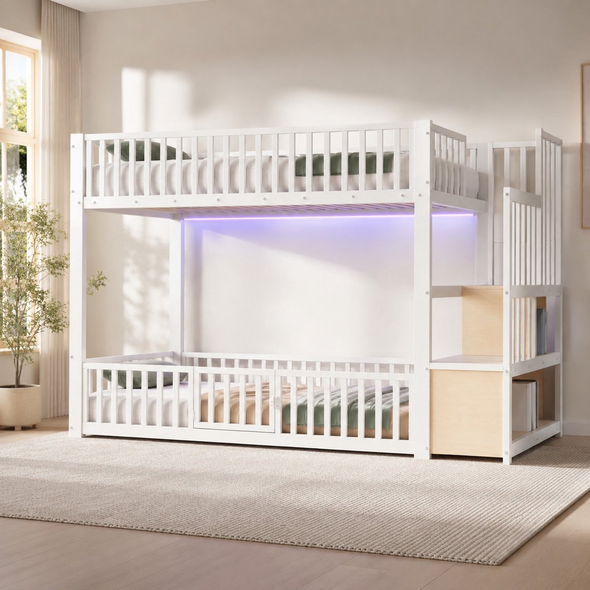 Wishdor Stapelbed 90x200 cm met LED en opbergleiter - Veilig kinderbed met uitvalbeveiliging - Wit MDF metaal - Voor kinderkamer slaapkamer - Eenpersoons