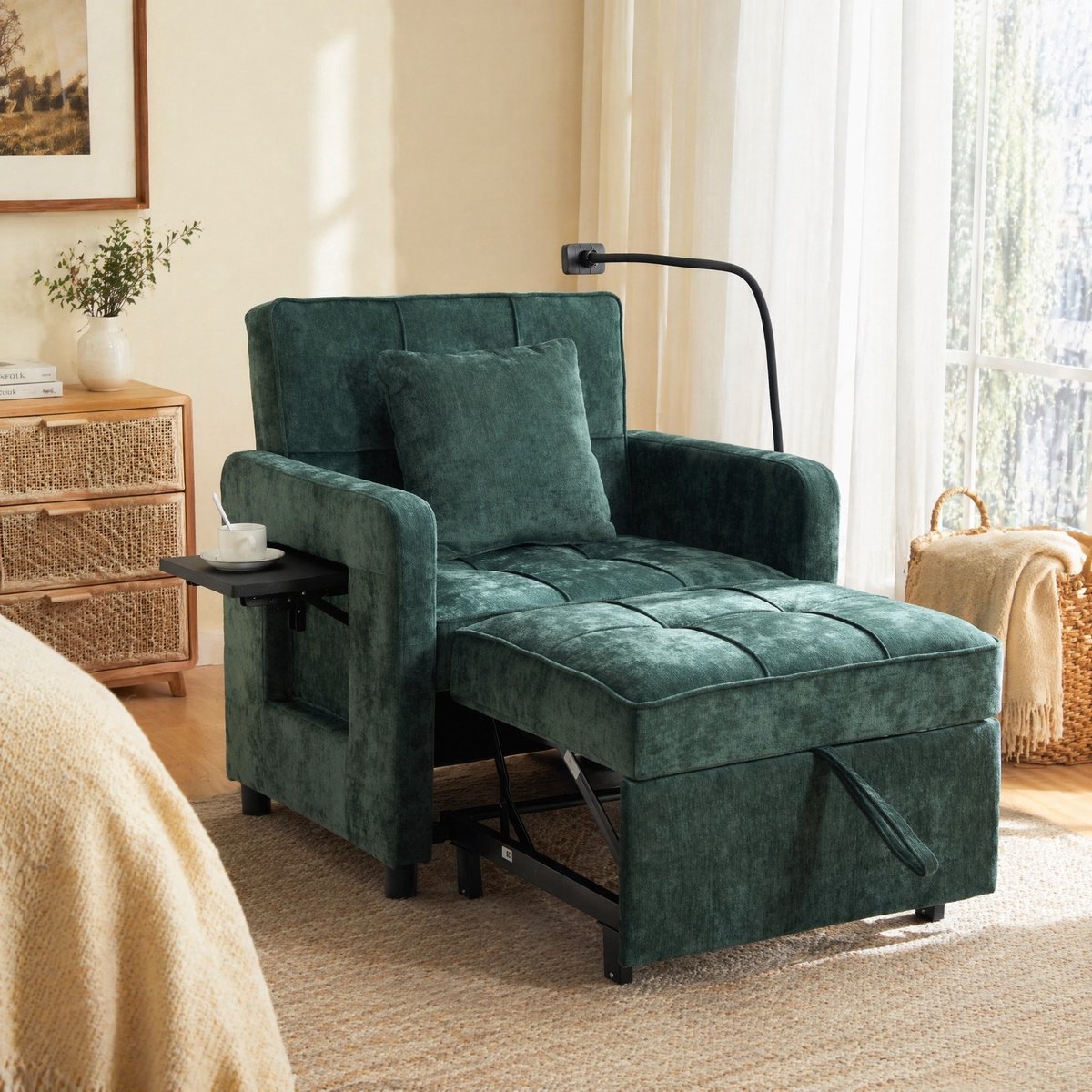 Wishdor Slaapfauteuil - 2-in-1 verstelbare rugleuning - Handmatig uitklapbaar met armleuning en opbergruimte - Chenille - Groen - 167 x 79 x 83 cm