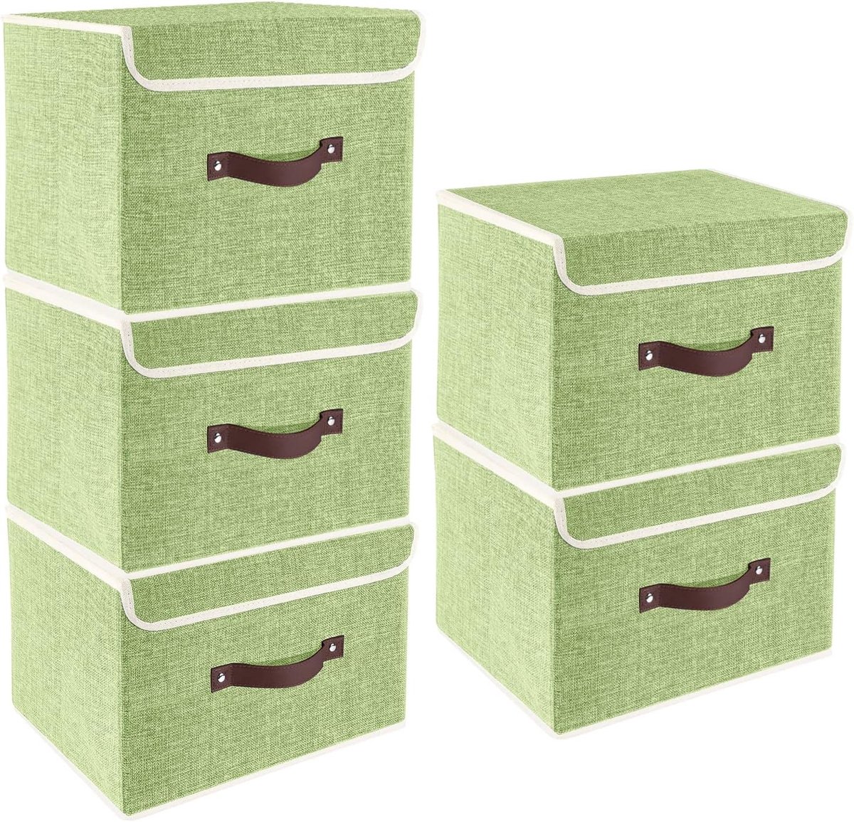 Vouwbare Opbergdoos met Deksel, Wasbaar Textiel, Set van 5, 38x25x25cm, Groene Opbergbox voor Organisatie en Ruimtebesparing