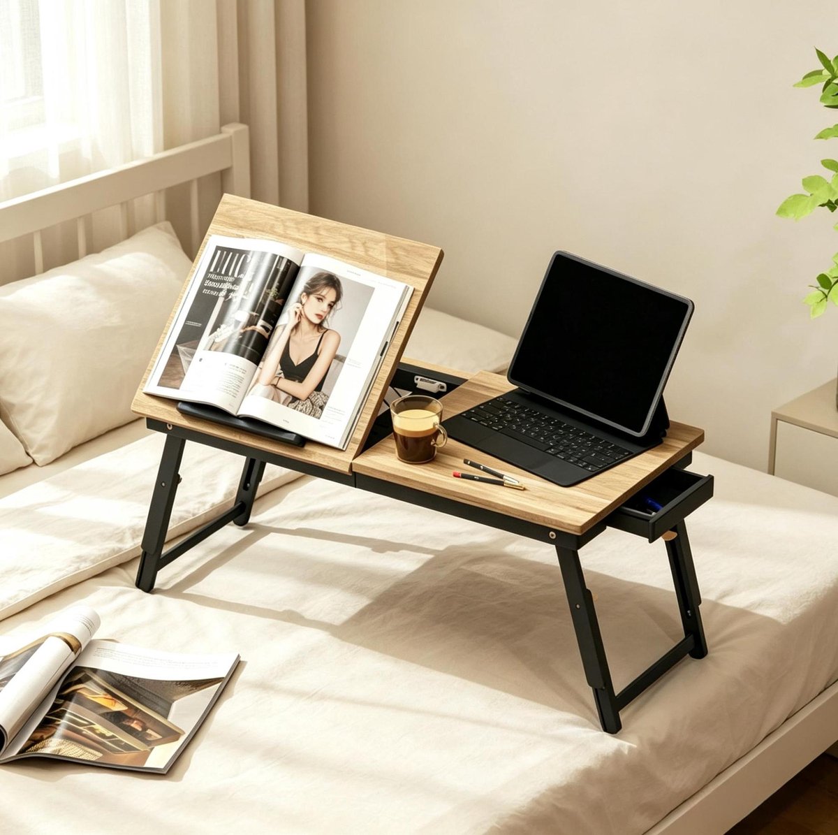 STILVORA Bedtafel - Verstelbare Laptoptafel Met Kantelbaar Blad En Lade - Voor Bed En Bank - Bamboe En Mdf - Zwart En Eiken