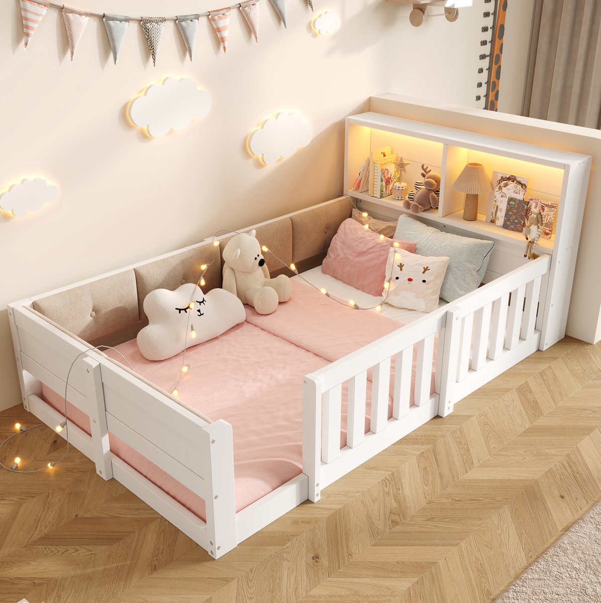 STILVORA Kinderbed 90x200 cm – Met Veiligheidshekje En Opberghoofdbord – Ledverlichting – Zonder Matras – MDF En Stof – Wit