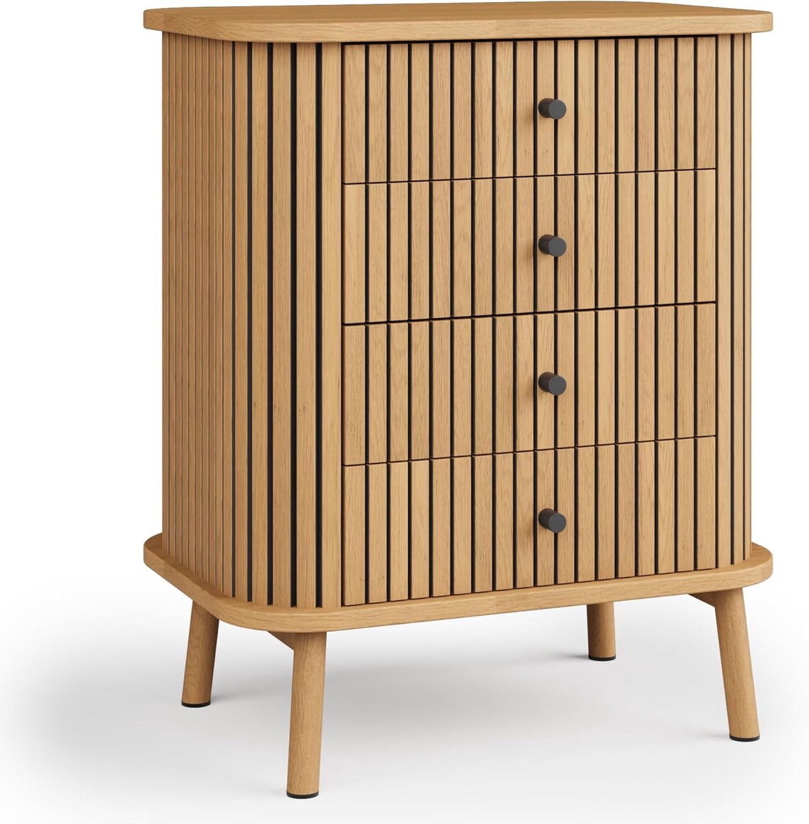 Moderne hoge commode met 4 lades - Gegroefde fronten, gebogen profiel, accenten met rietmotief, matzwarte handgrepen, houten poten - Opbergmeubel voor slaapkamer/woonkamer/hal - Wild Oak