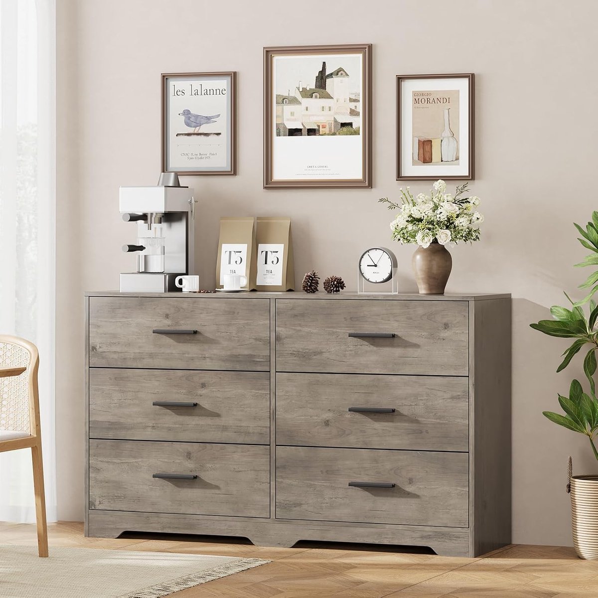 Slaapkamerkast met 6 laden, grote capaciteit - Houten opbergkast, metalen handgrepen - Commode voor kleding, kinderkamer/babykamer, woonkamer/hal - Grijs essenhout