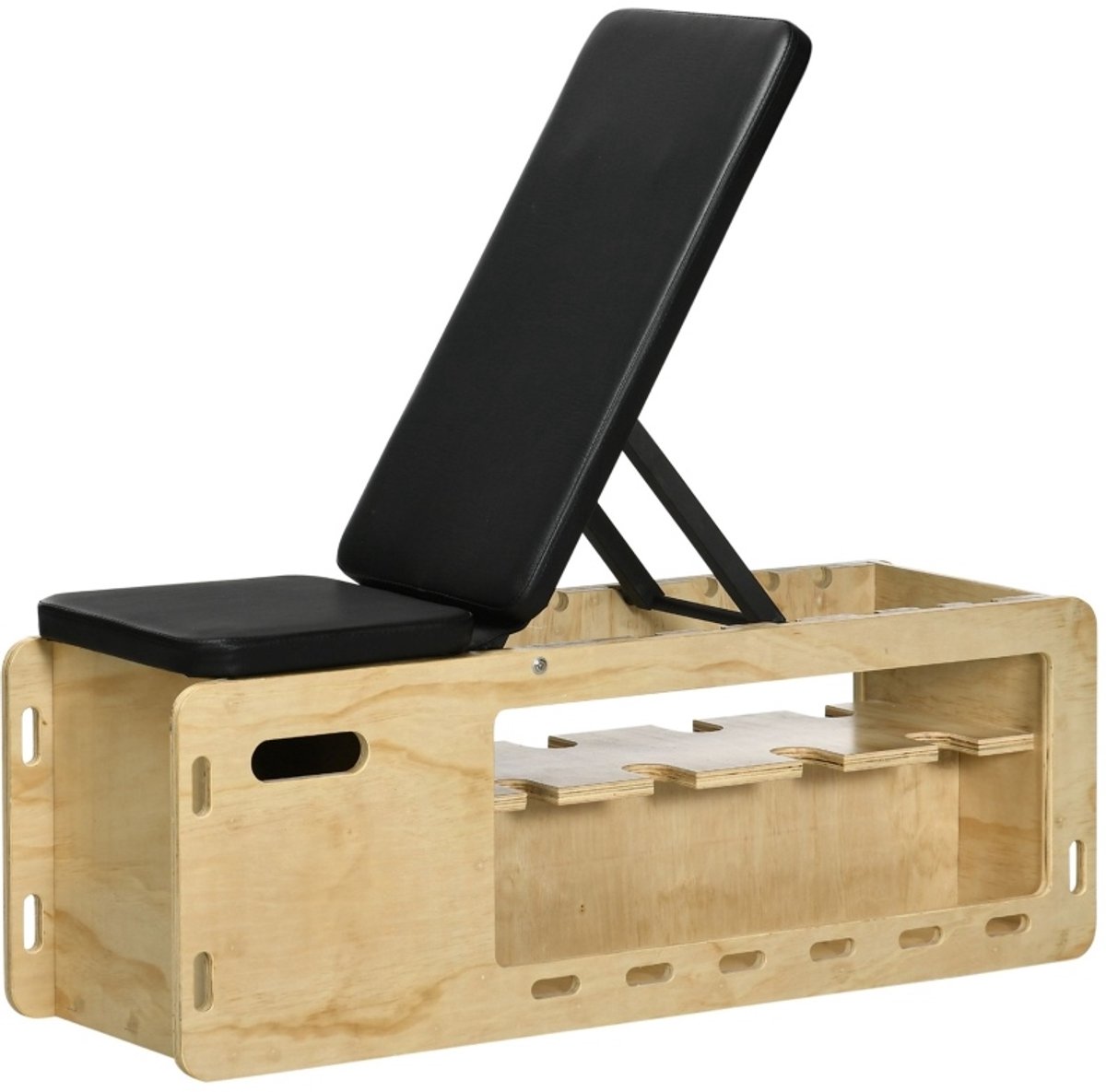 REDOM - Halterbank - Verstelbare rugleuning - Opbergruimte - Weerstandsbanden - Krachttraining thuis - Hout - Naturel hout - 110 x 43 x 107 cm