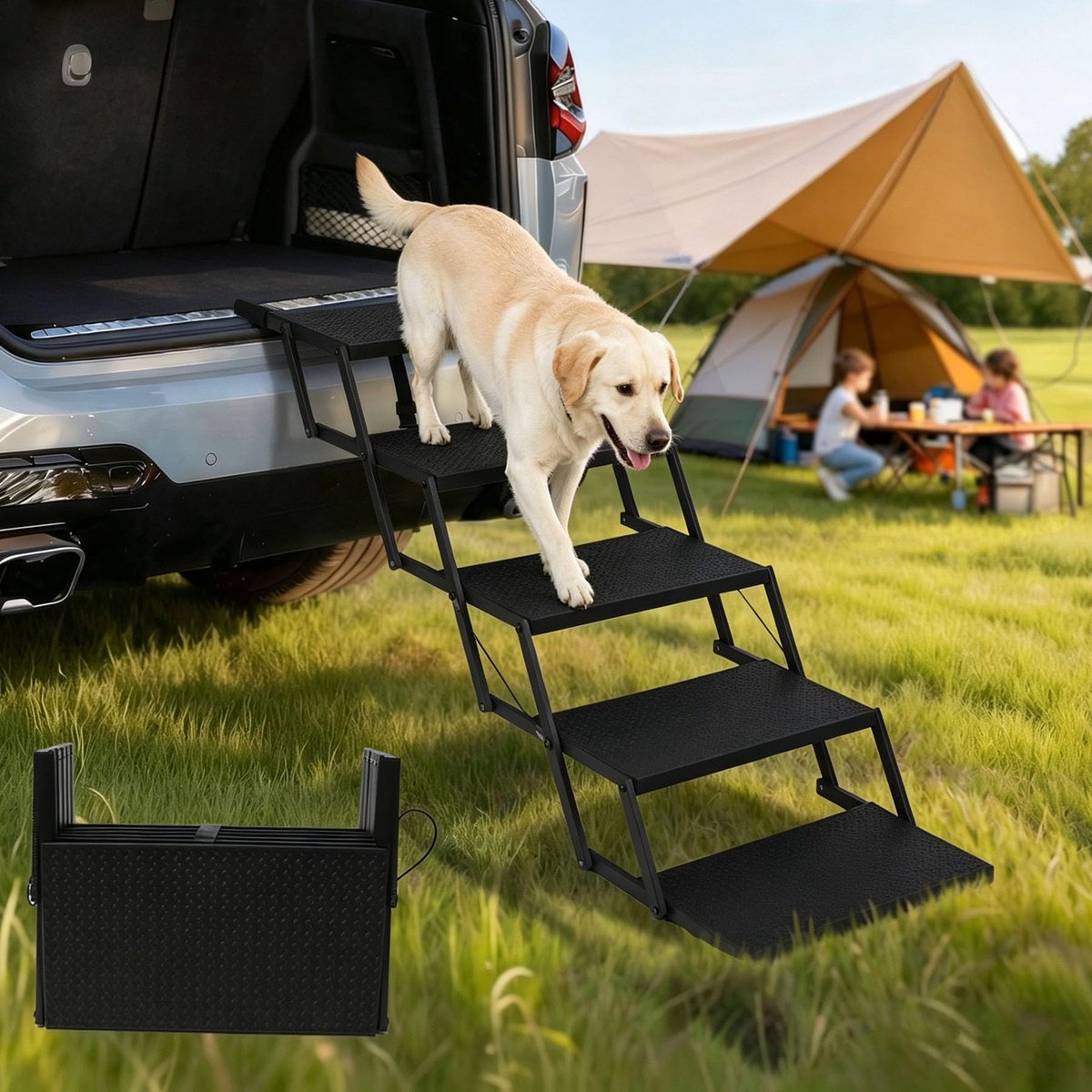 Famanu – Opvouwbare hondenladder voor auto, en bestelwagen – 5 treden, antislip, draagvermogen tot 113 kg, breedte 43 cm