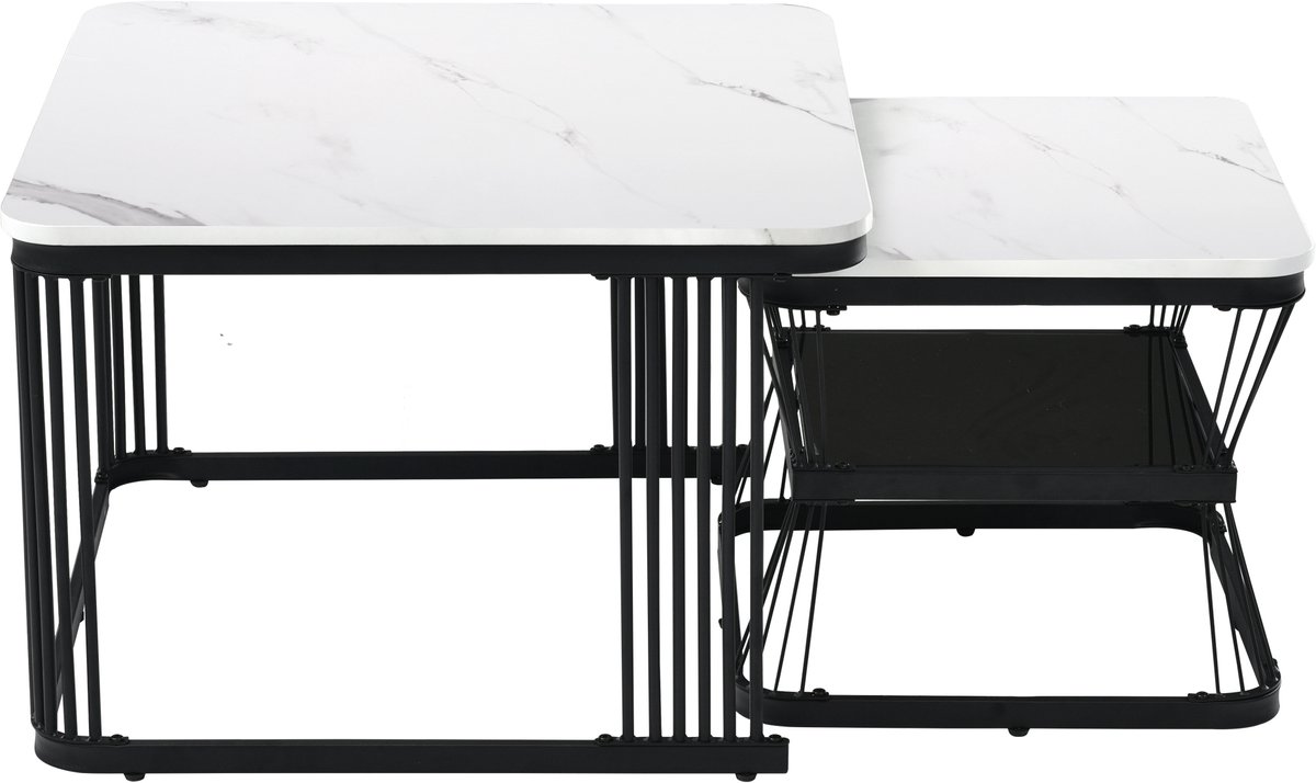 Ropilly Salontafel set van 2 - Bijzettafel set - Ruimtebesparend - Stabiel stalen frame - MDF marmerlook - Woonkamer - 65x65x45 cm en 45x45x39,5 cm - Wit zwart