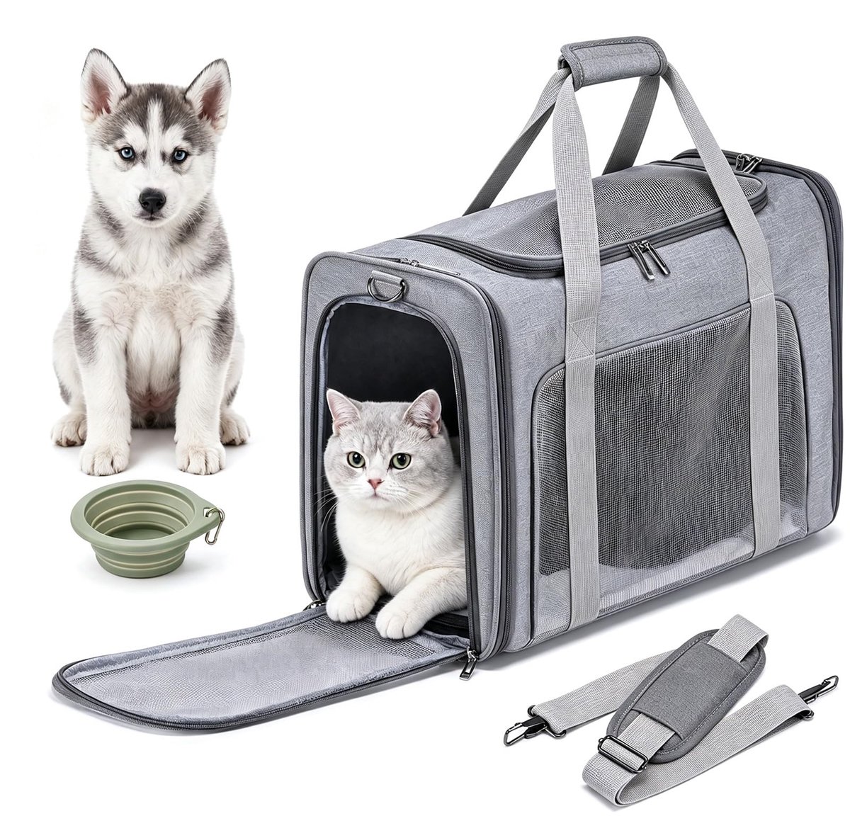 Famanu – Transportbox voor katten, opvouwbaar en goedgekeurd voor vliegtuigen, 55 x 40 x 23 cm, met zacht kussen