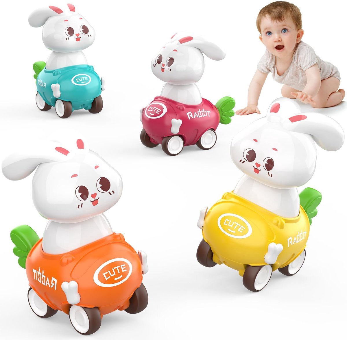 casalora - Speelgoed auto - Vanaf 1 jaar jongens en meisjes - 4 stuks auto speelgoed baby dierenraceauto - Press-and-go speelgoedvoertuigenset voor peuters 10-12-18 maanden - cadeau voor kinderen van 1 2 3 jaar - konijn