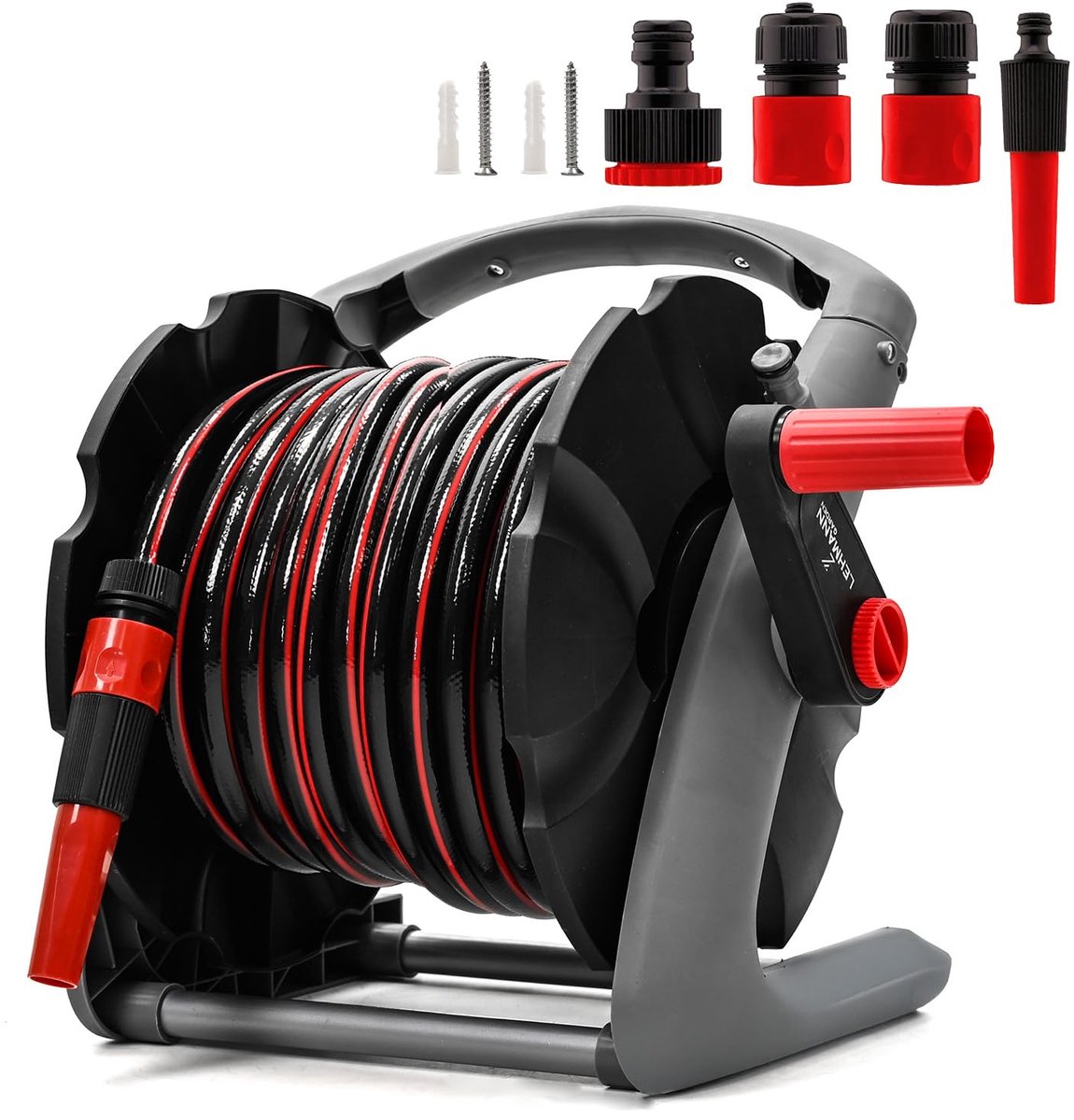 Famanu – Tuinslang met haspel van 20 m, mobiel met draaggreep, ideaal voor tuinonderhoud, aansluiting voor slang 1/2 inch en kraan 3/4 inch