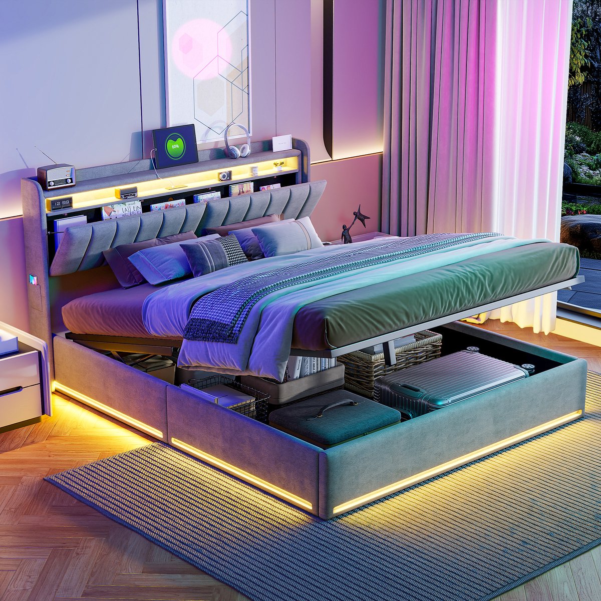 Volwassen bed 140x190 cm, tweepersoonsbed met LED-verlichting, hoofdbord met opbergruimte, opbergbed met lattenbodem, fluwelen bekleding, grijs, zonder matras