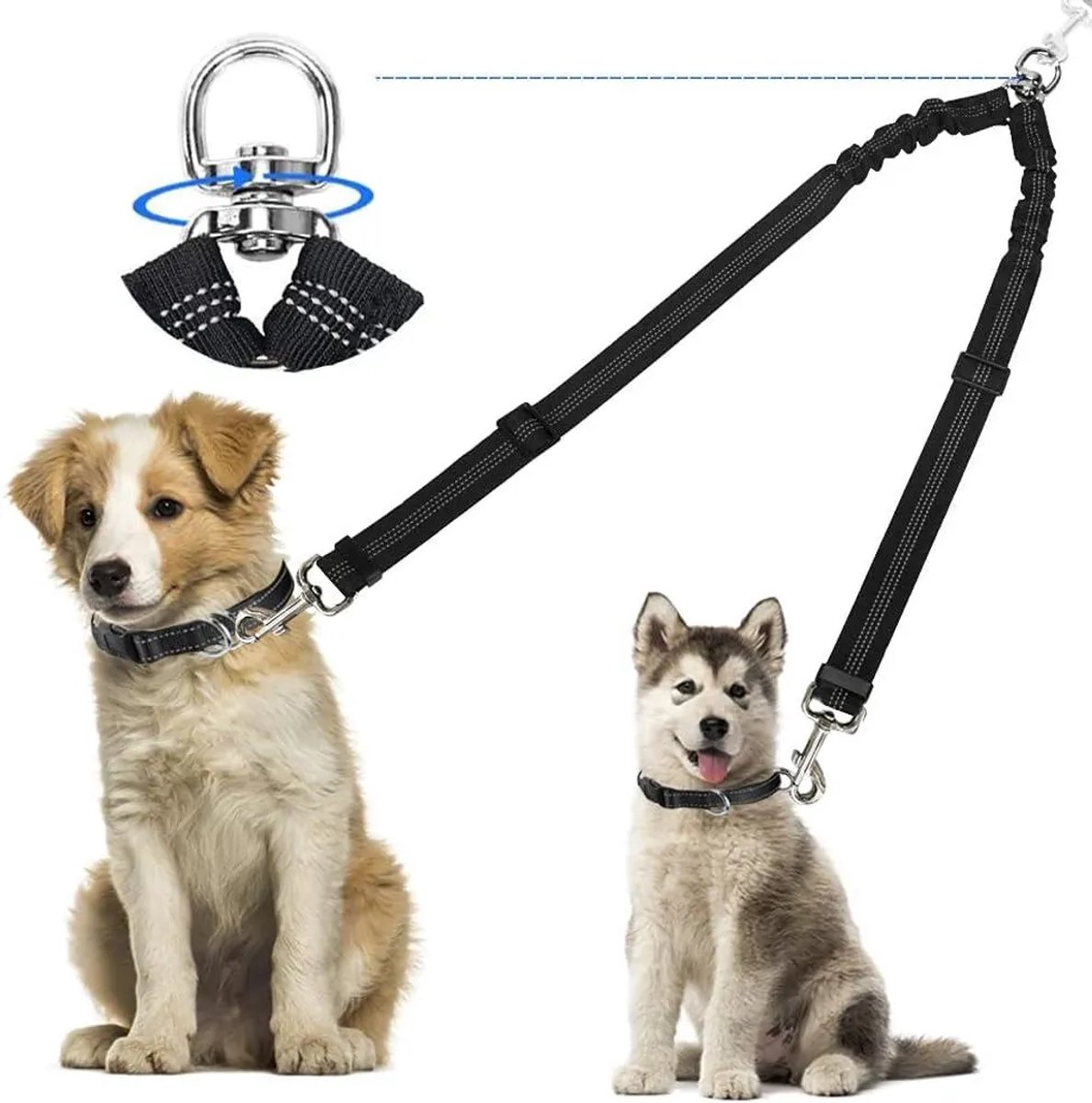 Dubbele hondenriem - knooploos, 360° anti-draai, reflecterend, verstelbaar, Geschikt voor kleine en grote honden (groot formaat).