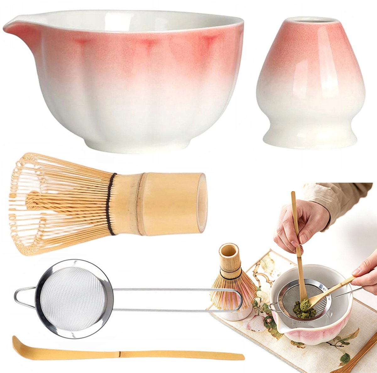 Matcha theeset – Theebereiding – 5-delige set – Veilig bamboemateriaal – Matcha tools – Matcha beginnersset – Wit & Roze