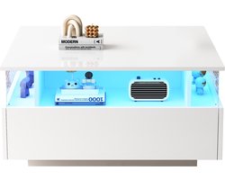 Salontafel - Moderne koffietafel - App-gestuurde LED verlichting - 2 lades en vitrine - 30kg draagkracht - Voor de woonkamer - 70x70x41 cm - Wit