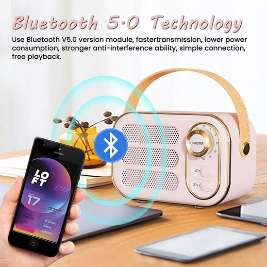 Retro Bluetooth-speaker, draagbare vintage draadloze Bluetooth-speaker met hoog volume, ondersteuning voor TF-kaart, USB-stick en AUX-ingang, retrostijl voor keuken, slaapkamer, thuiskantoor en buitengebruik - Wit — afbeelding 5