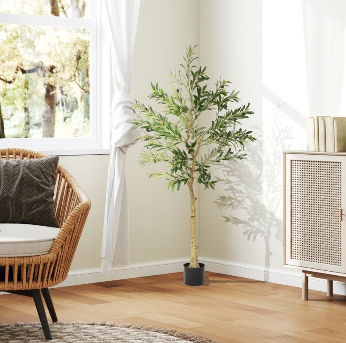REDOM - Kunstplant - Olijfboom - 720 bladeren - Biegbare takken met metaaldraad - Voor binnen - Kunststof - Groen - 150 cm