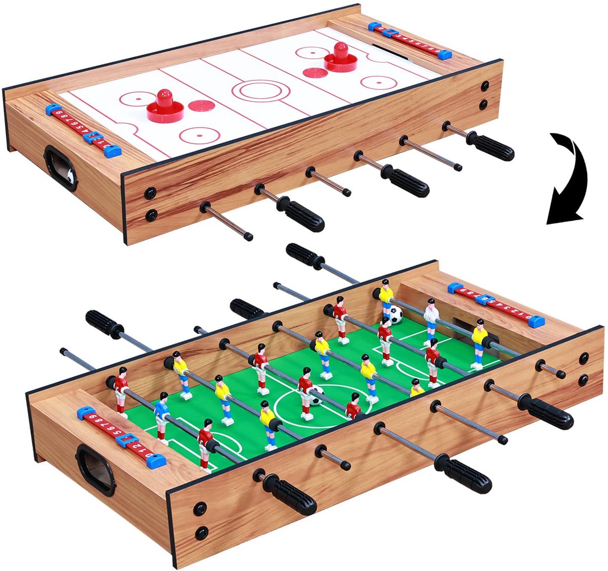Voetbaltafel 2-in-1 Houten Speltafel Met Air Hockey Tafelblad Compact Formaat Voor Kinderen 70x36 cm