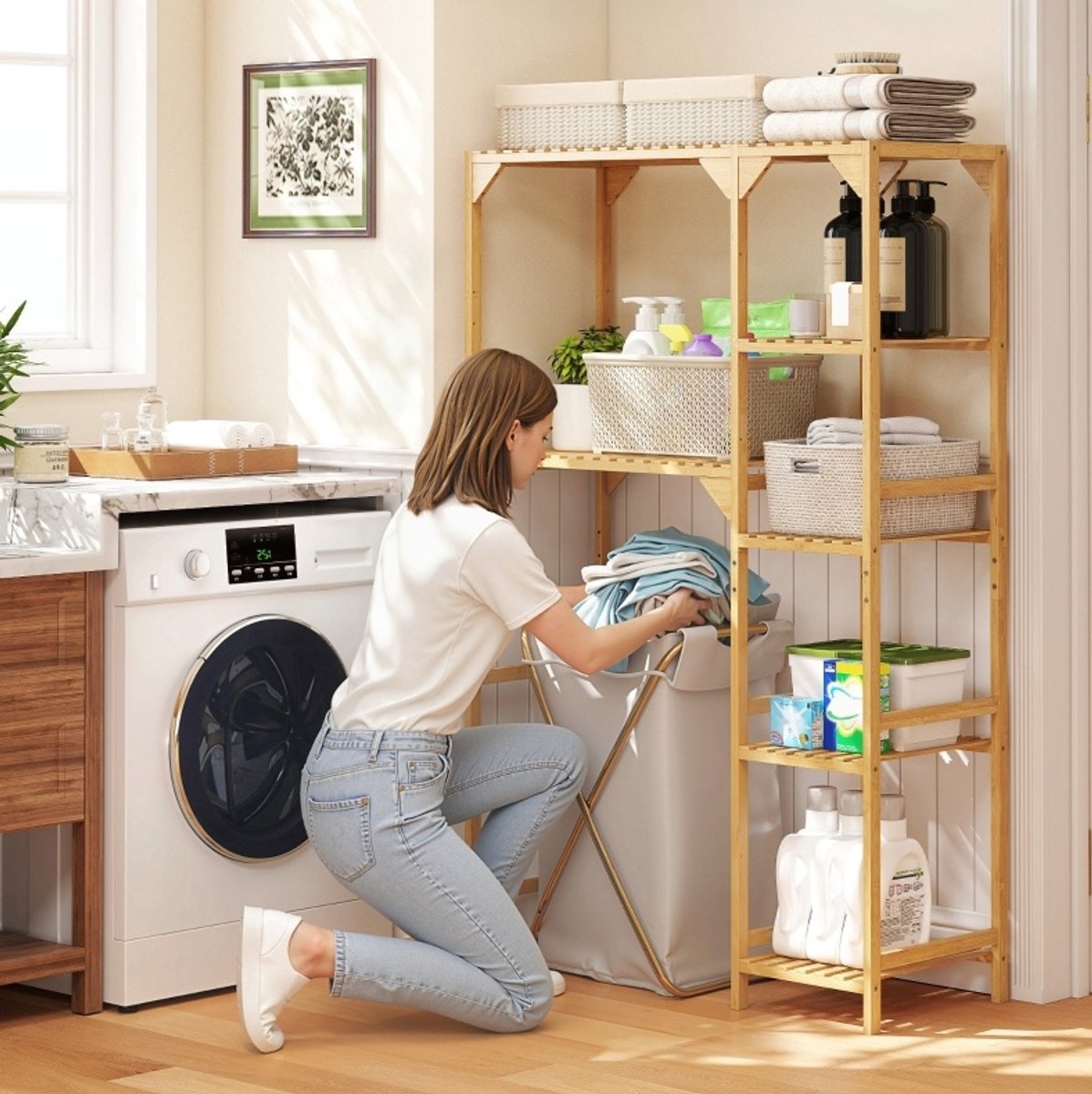 Wishdor Wasmachine opbergrek - 7 open planken verstelbaar - Links of rechts montage voor wasruimte - Bamboe - Natuurhout - 100 x 40 x 157 cm