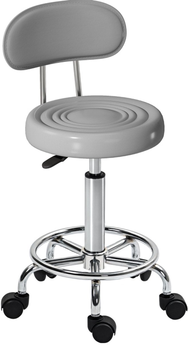 Wishdor Rollhocker - Draaibaar en in hoogte verstelbaar - Met rugleuning, voetsteun en wielen - Voor make-uptafel en frisiertafel - Metaal - Grijs - 38 x 45 x 86 cm