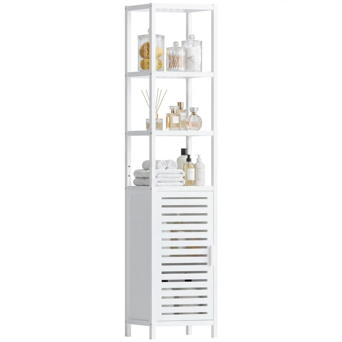 HITNET Armoire de rangement de salle de bain, organisateur de tour debout en lin haut et étroit en bambou avec porte - ShopVlot