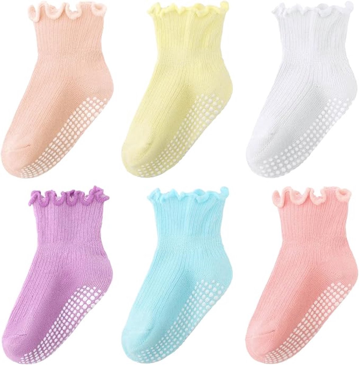 Kindersokken - Babysokken - Vloersokken - Antislip - Ademend - Sokken met kanten rand - Unisex - 6 paar - Geschikt voor baby's van 0-1 jaar