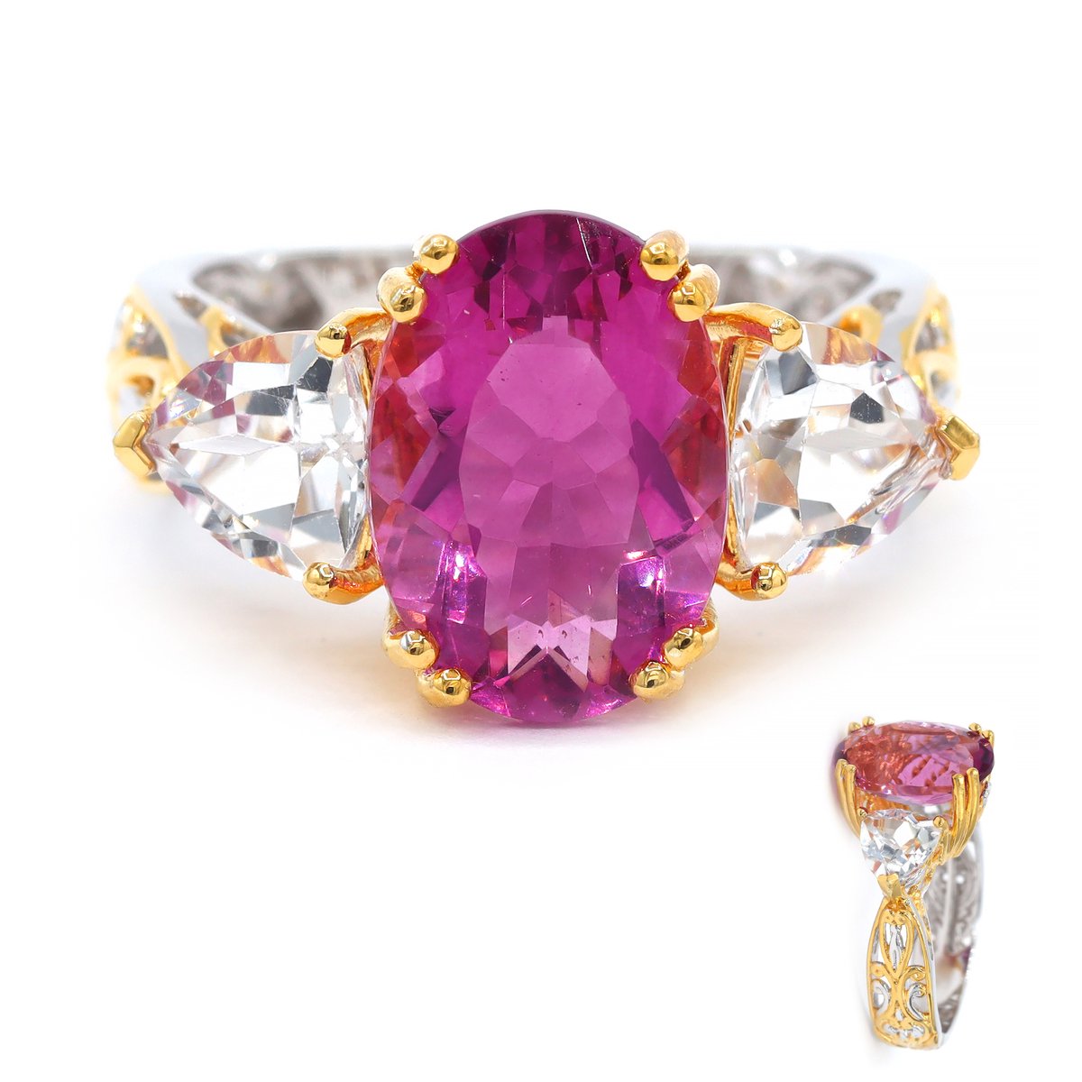 Cavill - 925 Sterling Zilver Ring - 6,3 ct Roze Fluoriet & 2,7 ct Witte Topaas - Ovaal Design - Palladium - Braziliaanse Edelsteen