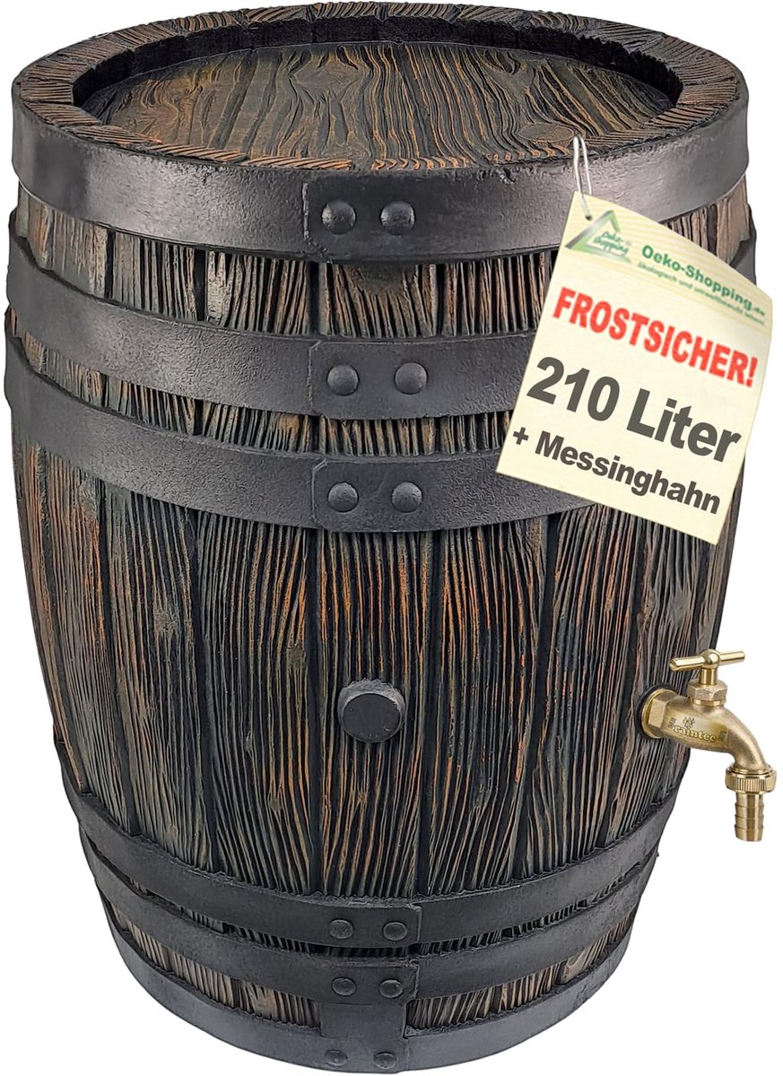 Famanu – Regenton van 210 liter met messing kranen, eiken vat, ideaal als waterreservoir voor de tuin
