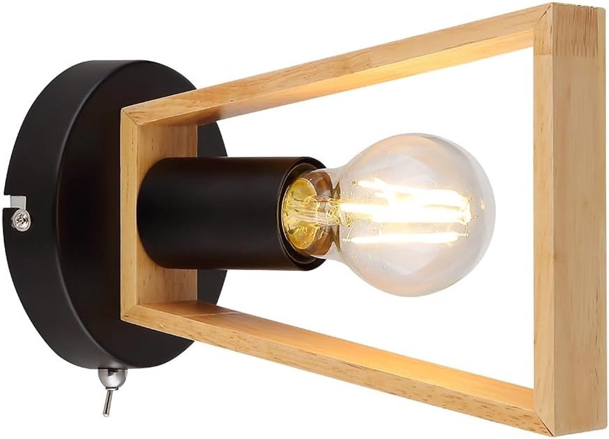 Wandlamp Binnen met Kabel - Zwart - - Metalen en Houten Lampenkap - Voor Keuken, Woonkamer en Slaapkamer
