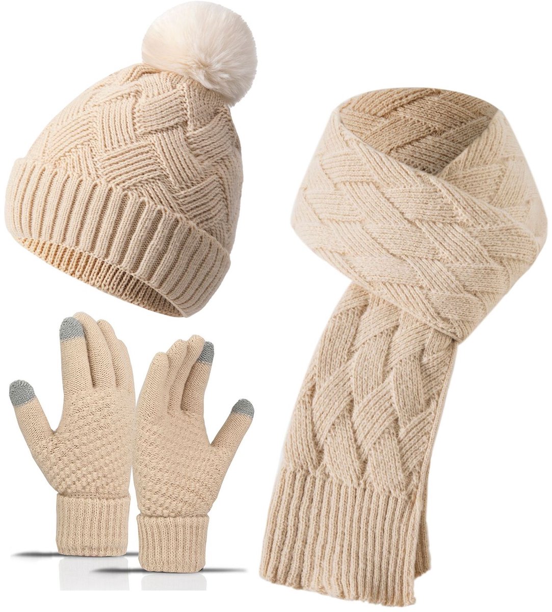Dames Winterset Bestaande Uit Drie Delen: Muts, Sjaal En Handschoenen; Warme, Met Fleece Gevoerde, Dikke En Koubestendige Gebreide Set In Effen Kleur.