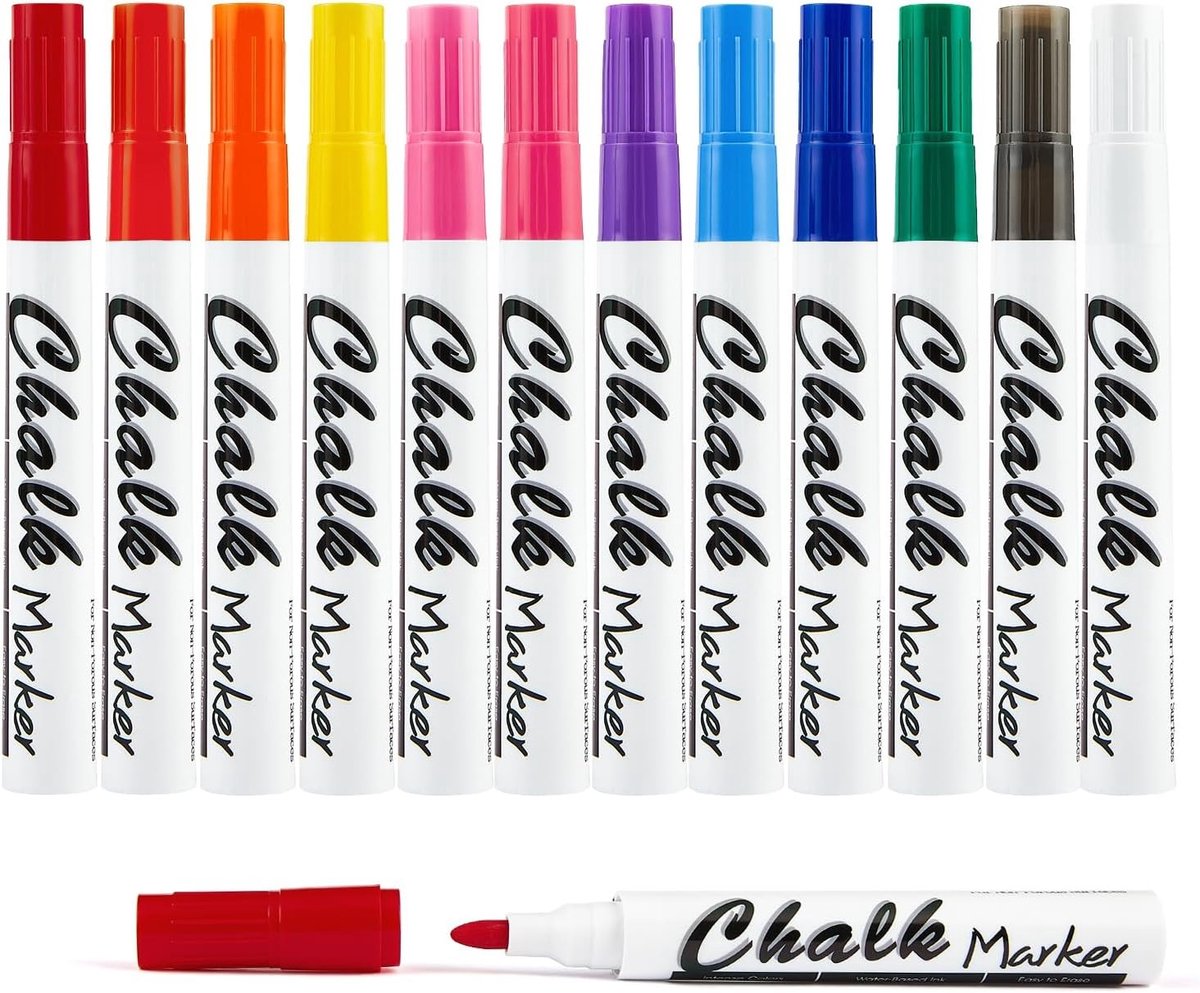 Vloeibare Krijtstiften - Multicolor - 12 Stuks - Vochtig Afwisbaar voor Krijtborden en Glas - Voor School en Thuis