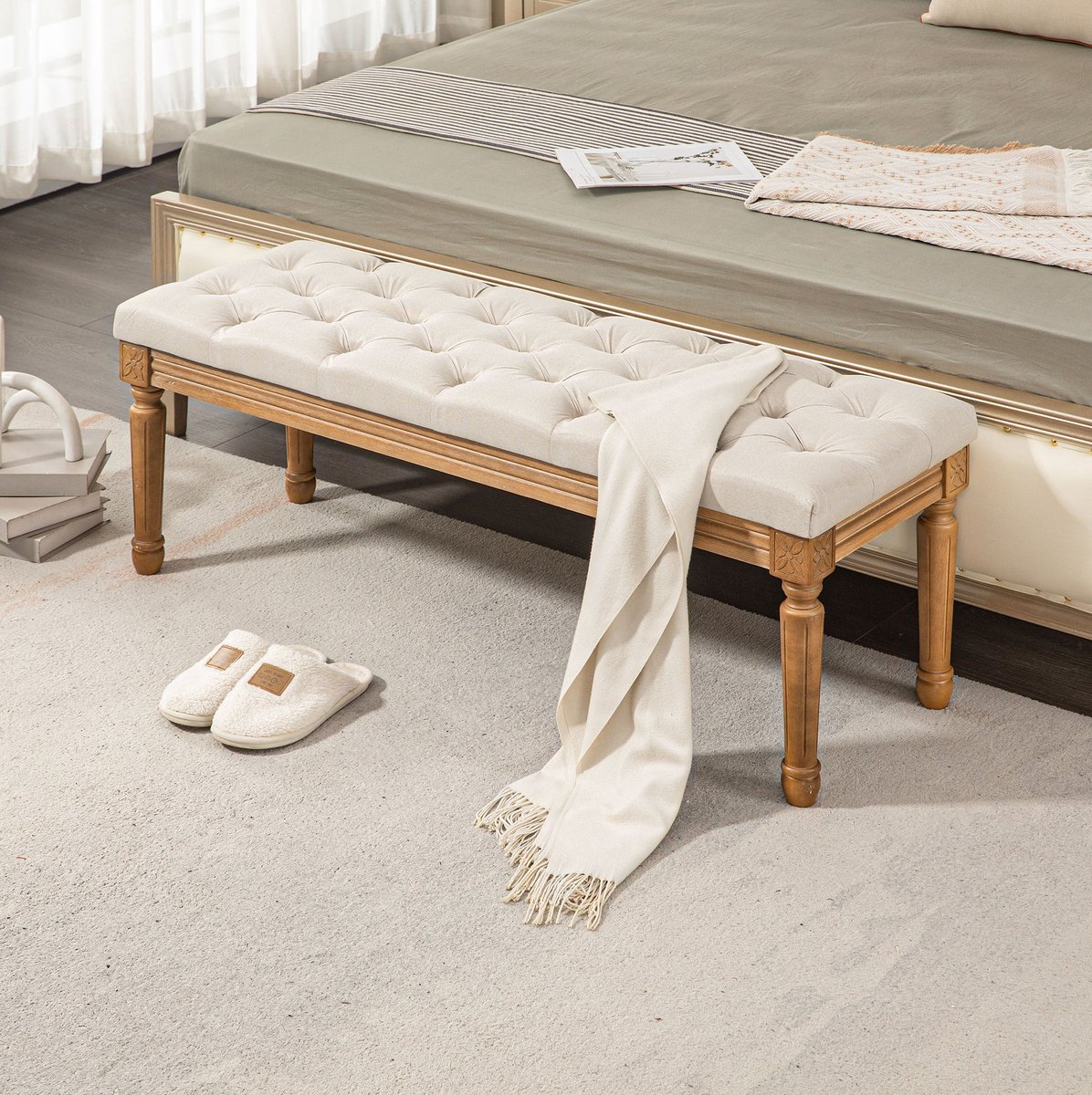 MODENUIT Bedbank 120 x 41 x 48 cm - Gecapitonneerde Zitting - Voor Slaapkamer, Woonkamer En Hal - Polyester - Cream White