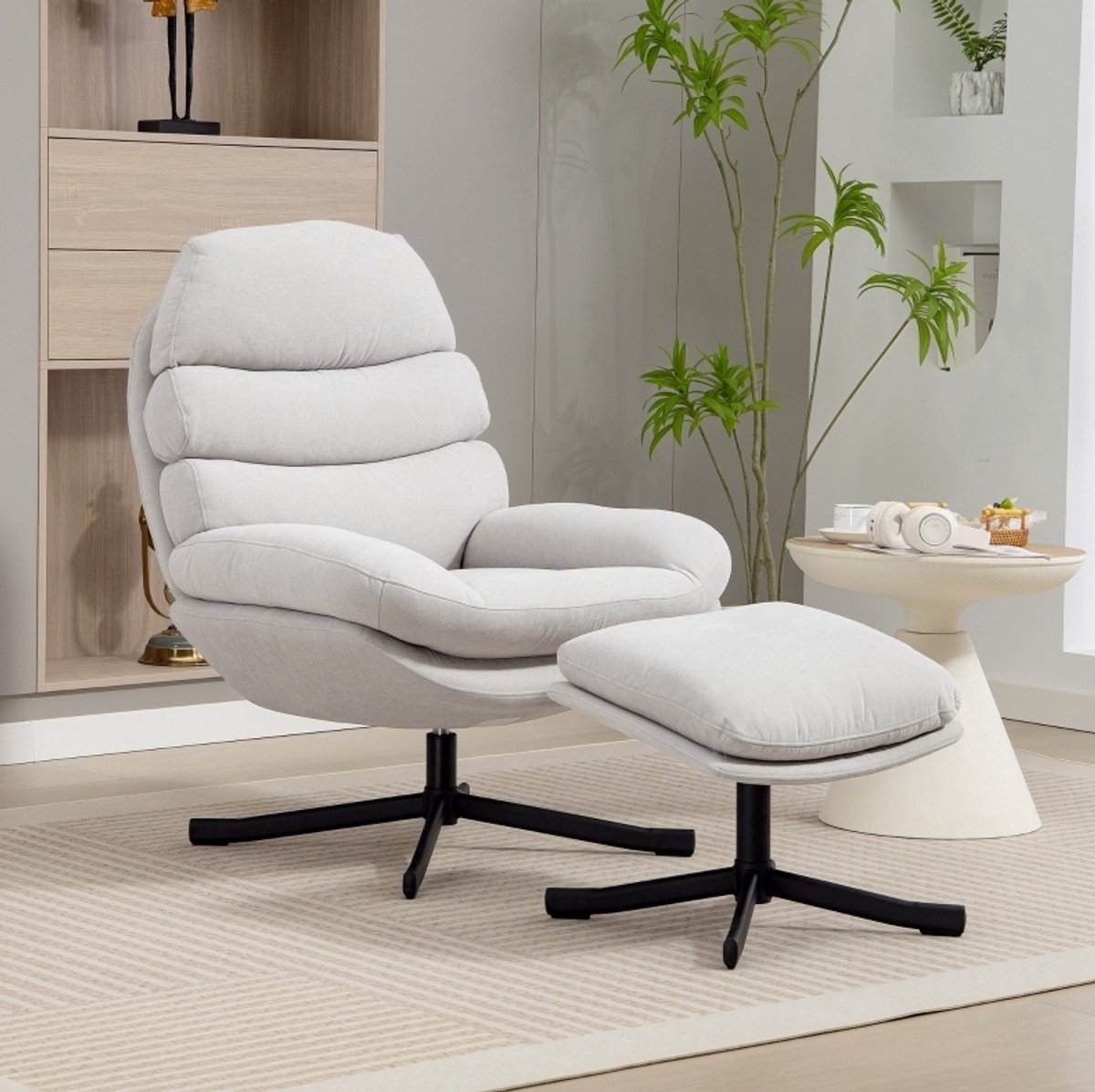 MODENUIT Fauteuil 78 x 93 x 100 cm - 360° Draaibaar Met Hocker - Voor Woonkamer En Leeshoek - Chenille Crèmewit