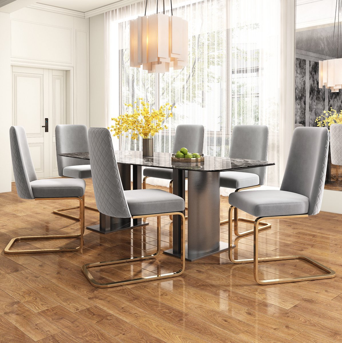 OKWISH Eetkamerstoel Set Van 6 - Samt Met Diamant Rugleuning En Metalen Onderstel - Voor Eetkamer Woonkamer En Slaapkamer - Grijs