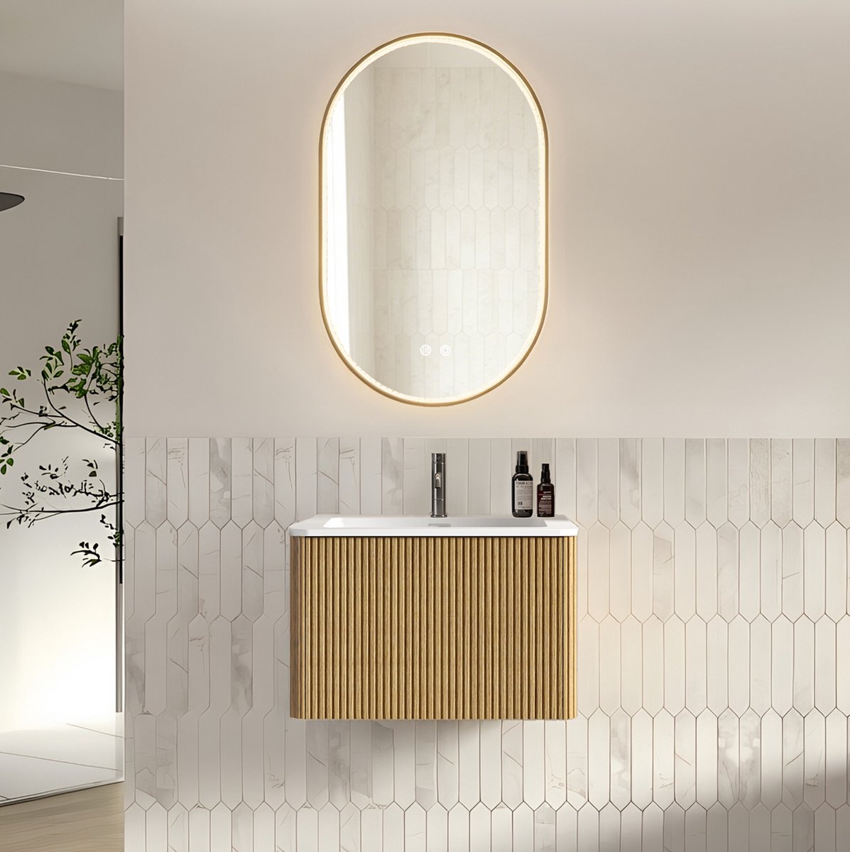 MIVRAY Badmeubelset - Wandhangend Wastafelmeubel Met LED Ovale Spiegel - Ruimtebesparend Voor Kleine Badkamer - Oak - 60 Cm