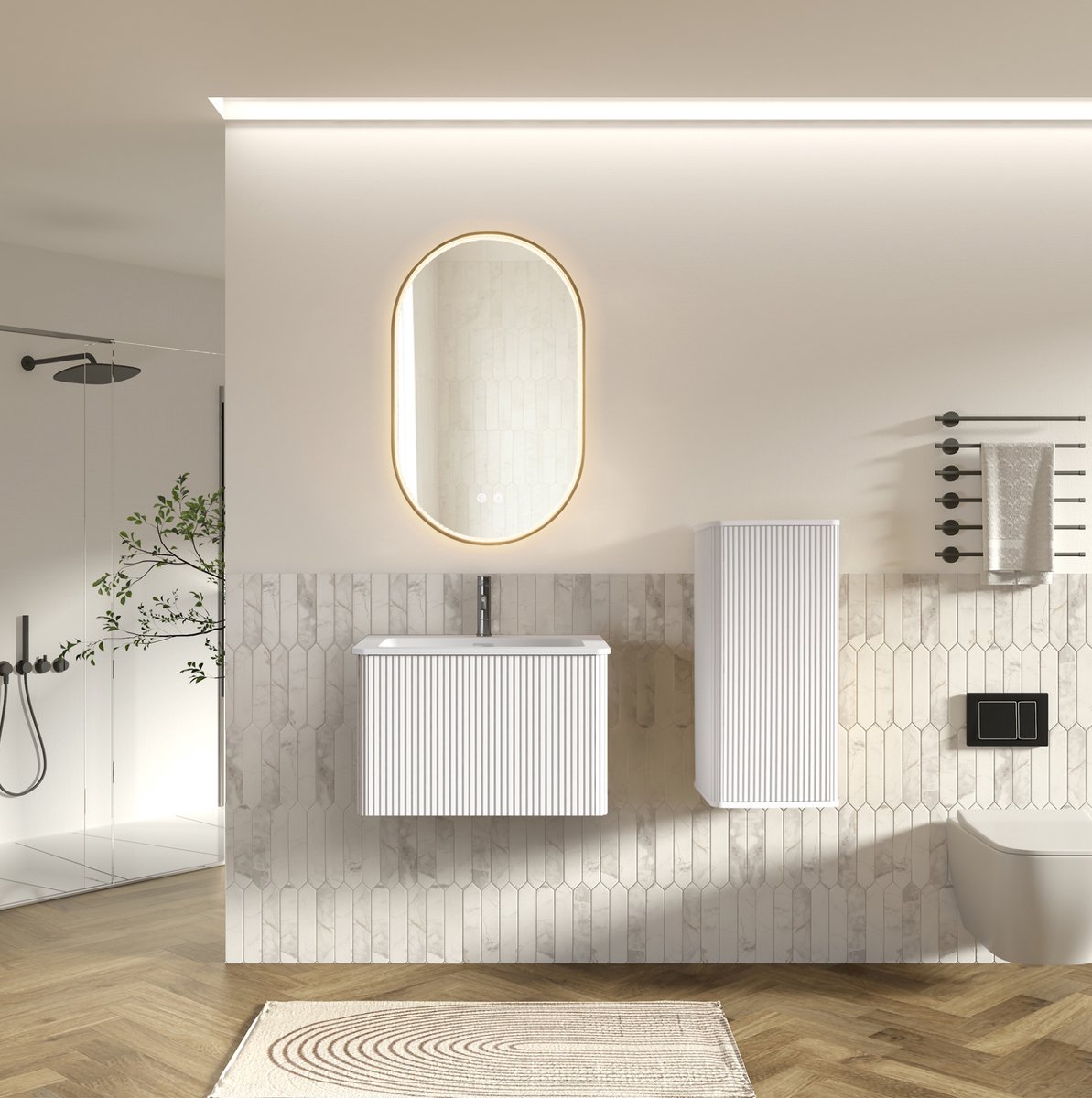 MIVRAY Badmeubelset - Wandhangend Wastafelmeubel Met Led Spiegel En Bijkast - Modern Voor Badkamer En Gastentoilet - Wit - 60 Cm