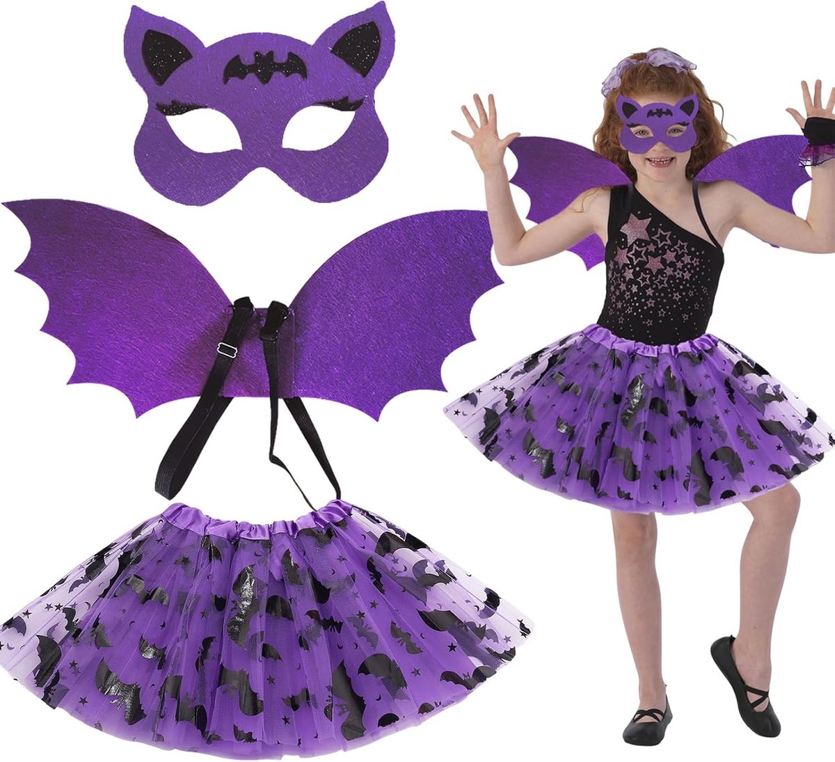 Drie-delige vleermuis kostuum voor meisjes - Halloween kostuum met vleugels voor carnaval en cosplay feestjes