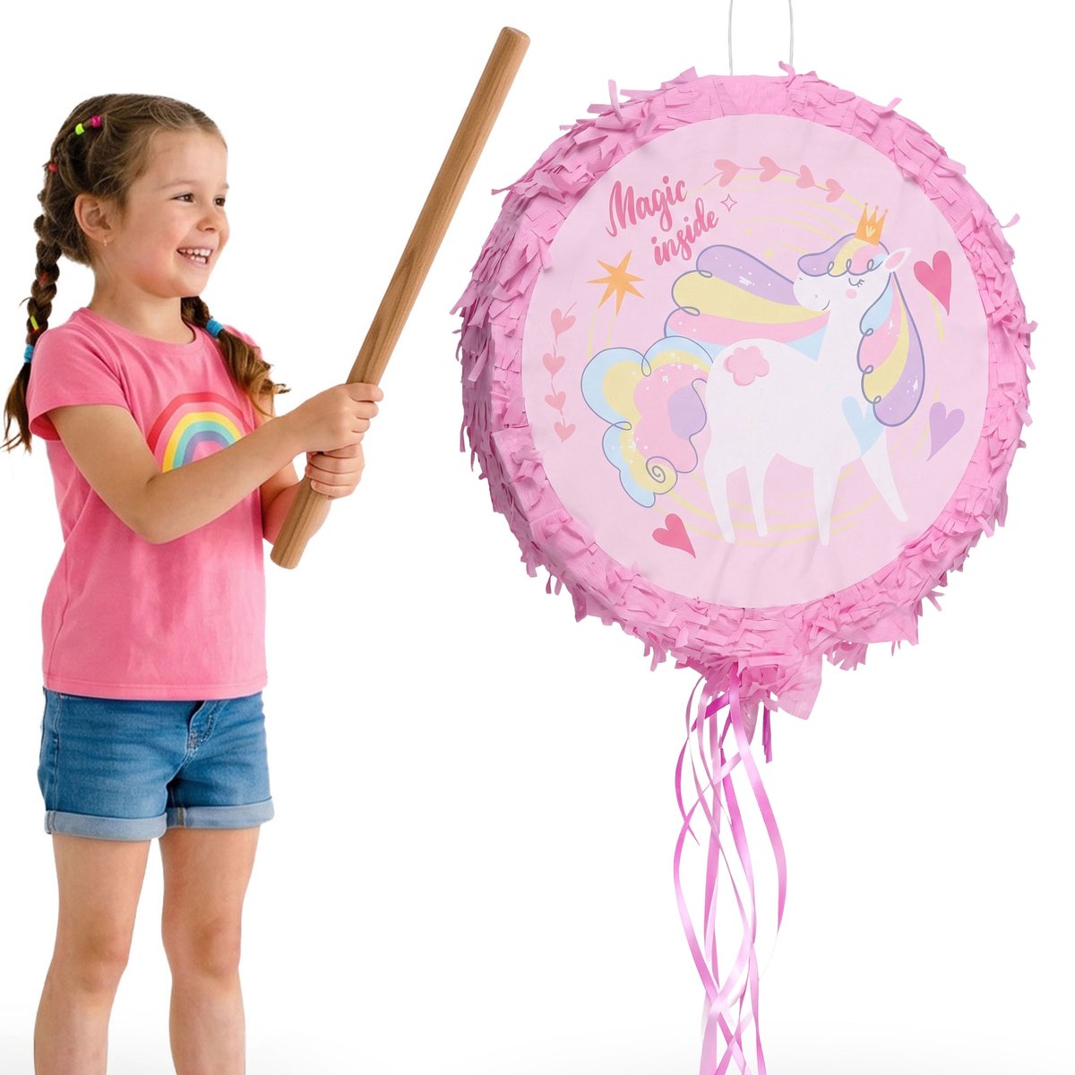 Eenhoorn Roze verjaardags PIÑATA, kinderpiñata voor verjaardag om kapot te slaan 30x8 cm