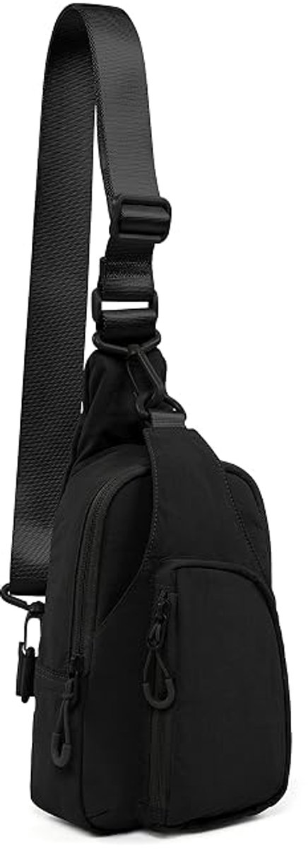 Unisex sling schoudertas van nylon, 5L compact borsttas met verstelbare schouderriem, meerdere ritssluitingsvakken voor sport, fitness, winkelen en reizen, zwart