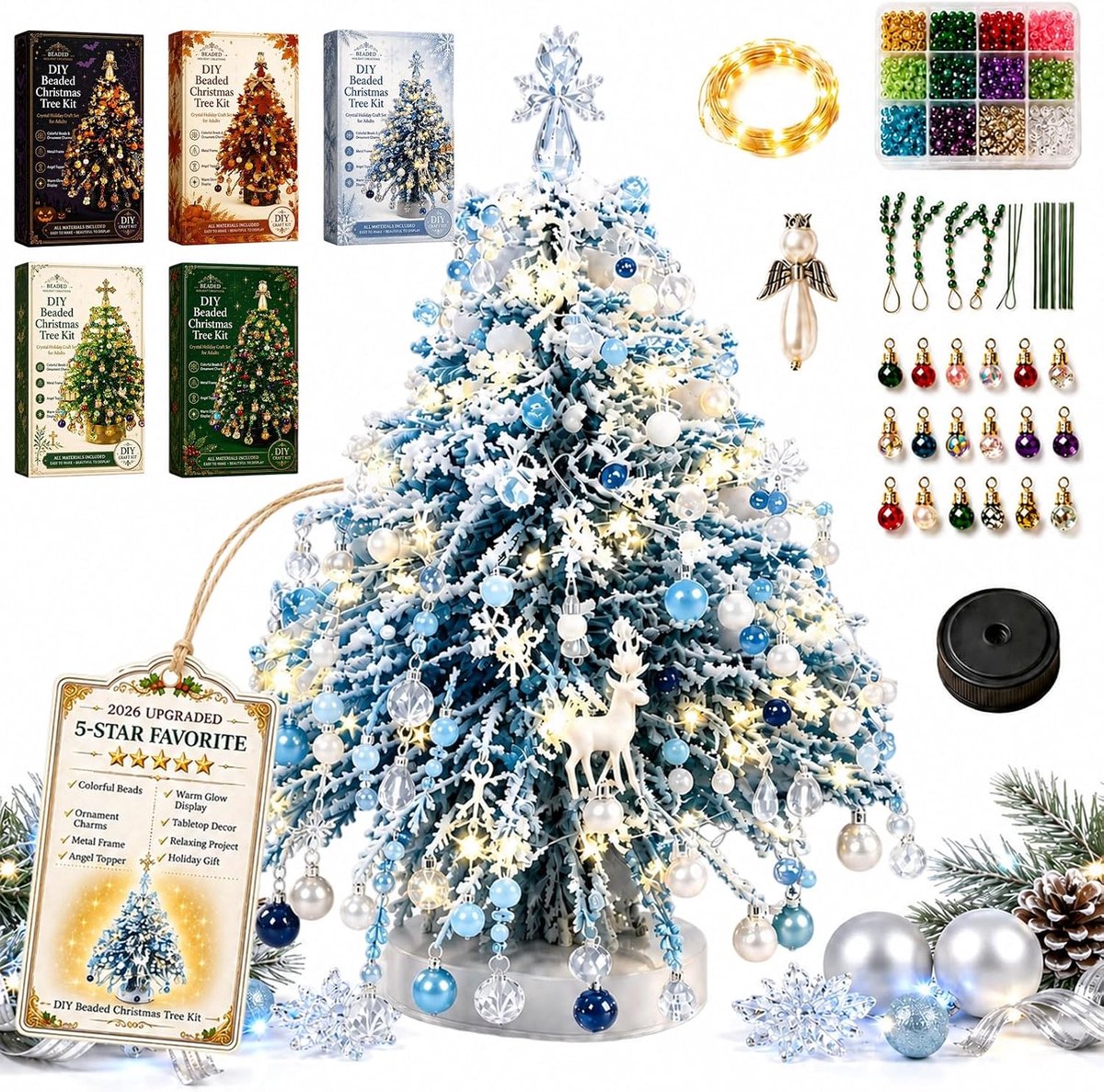 Kralen Kerstboom Knutselpakket met Ledverlichting - 3D Kristal Kralen DIY Kerstboomset - Kerstdecoratie voor Tafel - Kerstcadeau voor Kinderen en Volwassenen - SOLLBRY®