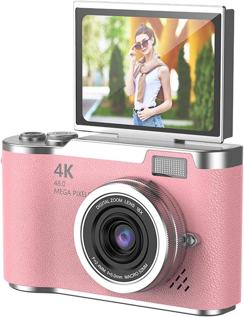 Digitale kledingfotografie, 1080p HD 48 MP hoge resolutie 6,1 cm, geïntegreerde LED-verlichting, 8x digitale zoom, geschikt voor tieners en studenten (roze kleur).