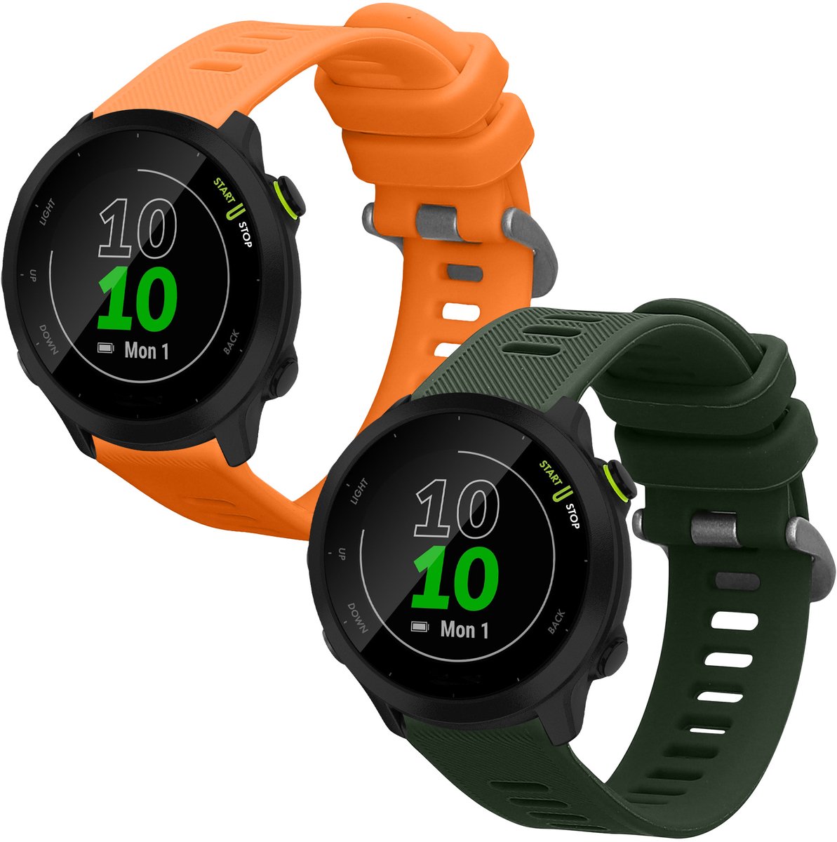 kwmobile 2x horlogebandjes geschikt voor Garmin Forerunner 55 / Forerunner 165 / 245 / 645 42mm bandje - Smartwatch bandjes van TPU - Activity tracker horloge band in donkergroen / oranje
