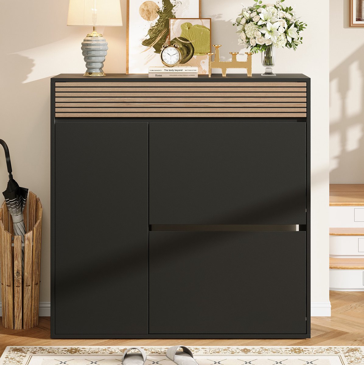 FloraGrace Schoenenkast - Smalle Schoenenkast Met Lade En 2 Kleppen - Modern Voor Hal En Woonkamer - MDF En Spaanplaat - Zwart En Naturel - 100x35x105 Cm