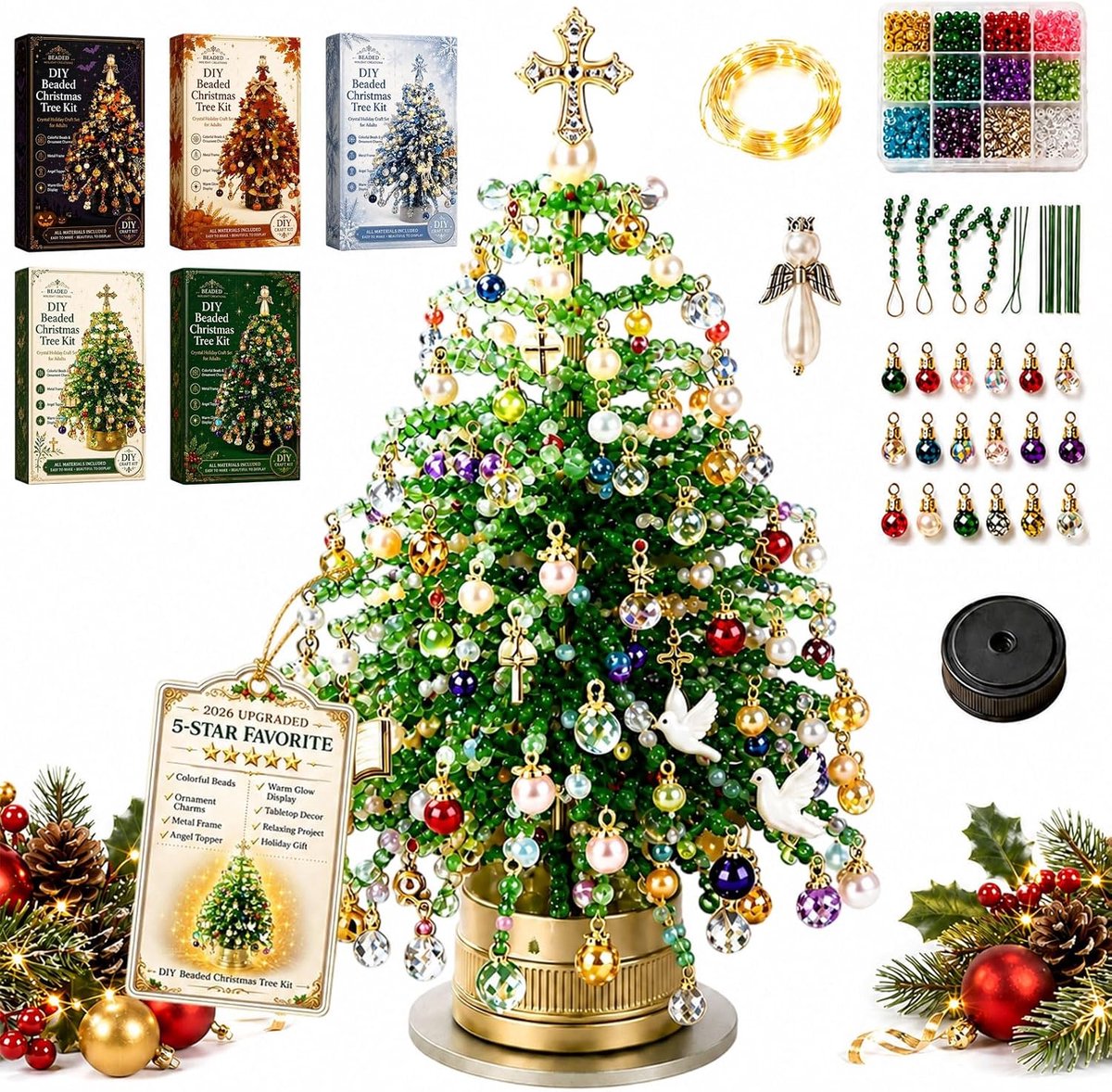 Kralen Kerstboom Knutselpakket met Ledverlichting - 3D Kristal Kralen DIY Kerstboomset - Kerstdecoratie voor Tafel - Kerstcadeau voor Kinderen en Volwassenen - SOLLBRY®