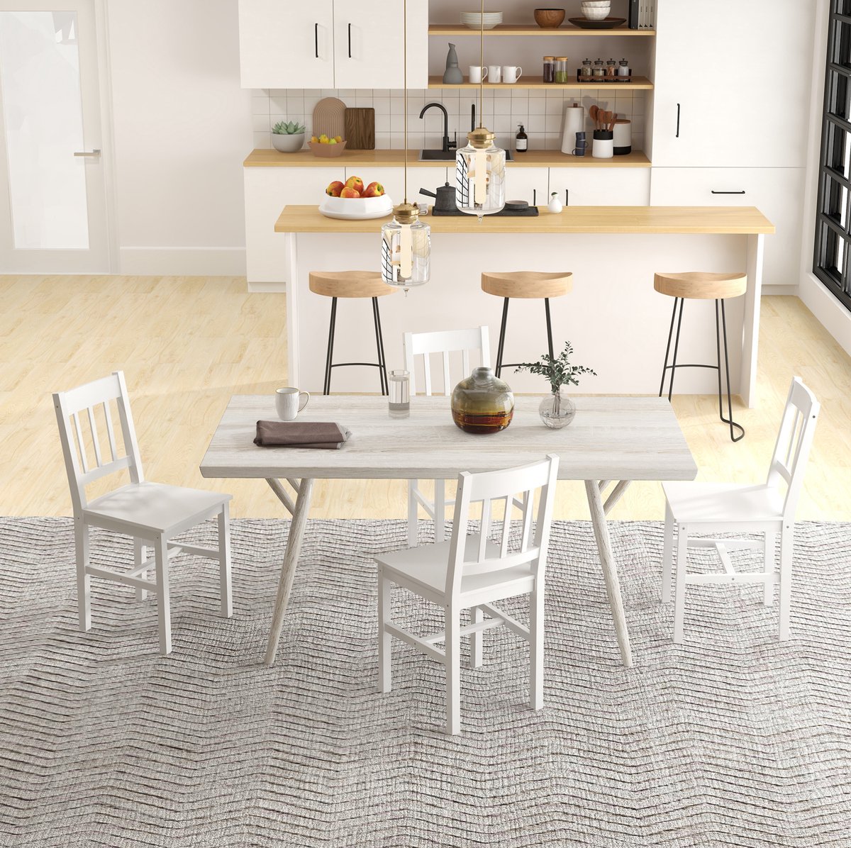 OKWISH Eetkamerstoel Set Van 4 – Open Rugleuning En Stevig Houten Onderstel – Voor Keuken, Eetkamer En Kantoor – Hout – Wit