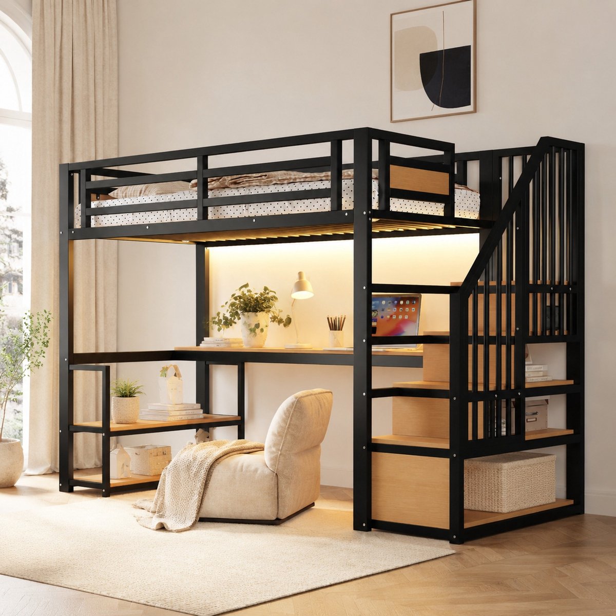 Wishdor Hoogslaper 90x200 cm - Met bureau en opbergruimte - Met trap en uitvalbeveiliging - Voor kinderkamer en slaapkamer - Metaal MDF - Zwart - 255 x 95 x 170 cm