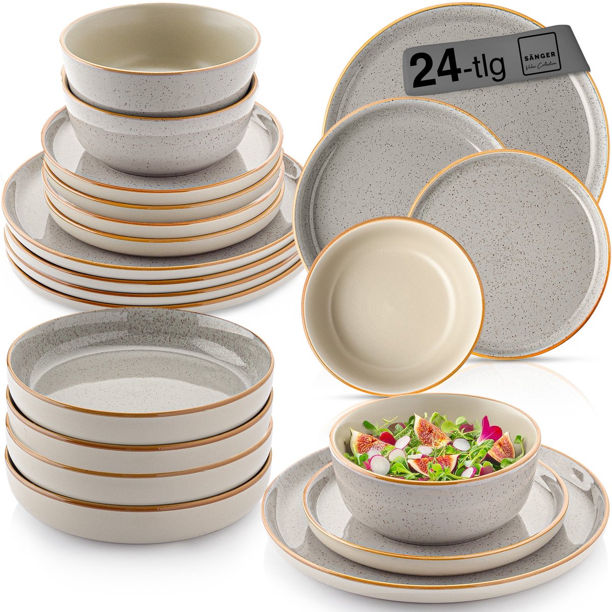 Sänger Aardewerk Serviesset - Combinatieservies - 24-delig - Perlgrau - Krasbestendig - Geschikt voor Vaatwasser en Magnetron
