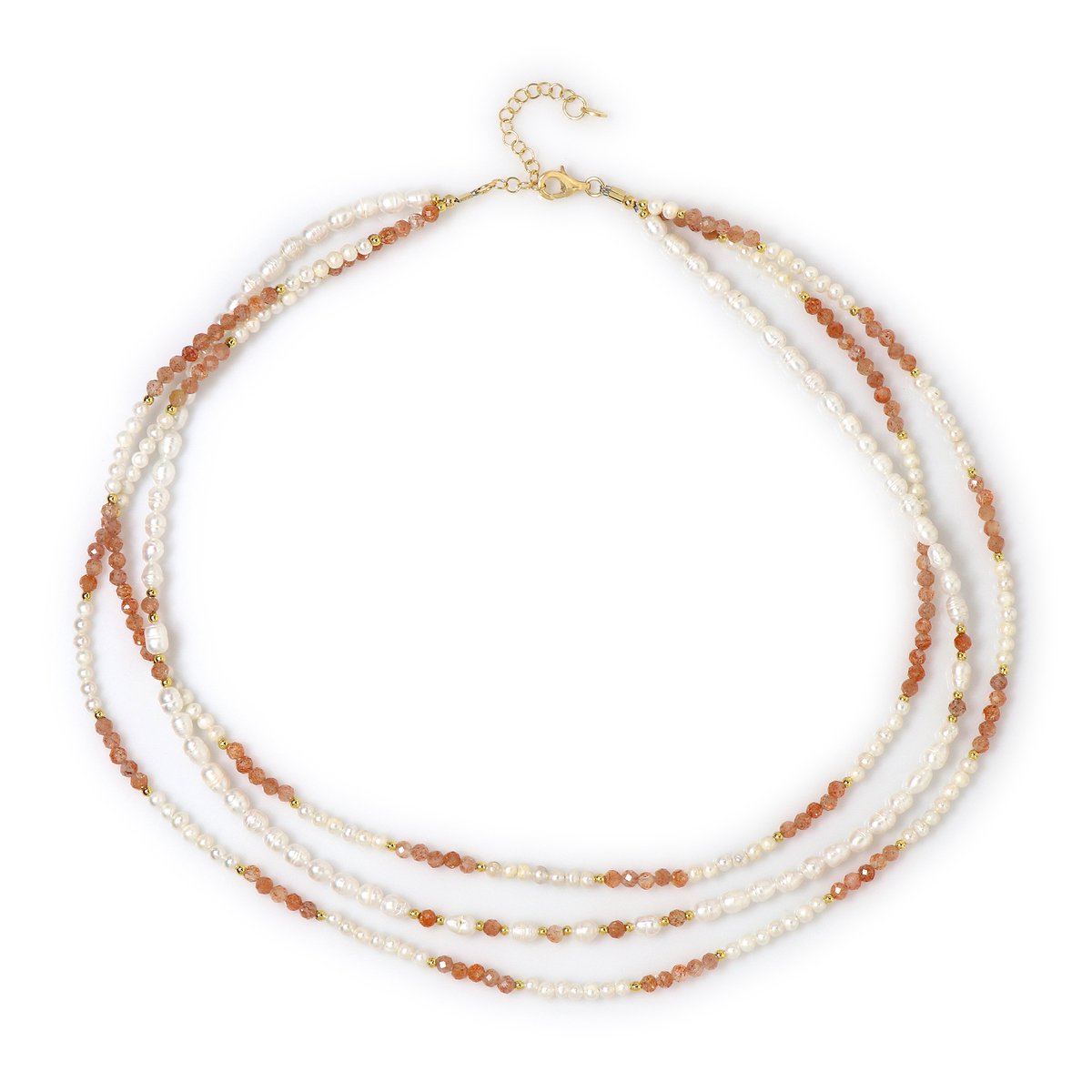 Cavill - Zilveren Halsketting - Verguld 925 Sterlingzilver - Zonnestenen 46,75 ct - Zoetwaterparels - Meerdere Rijen - Elegante Dames Ketting