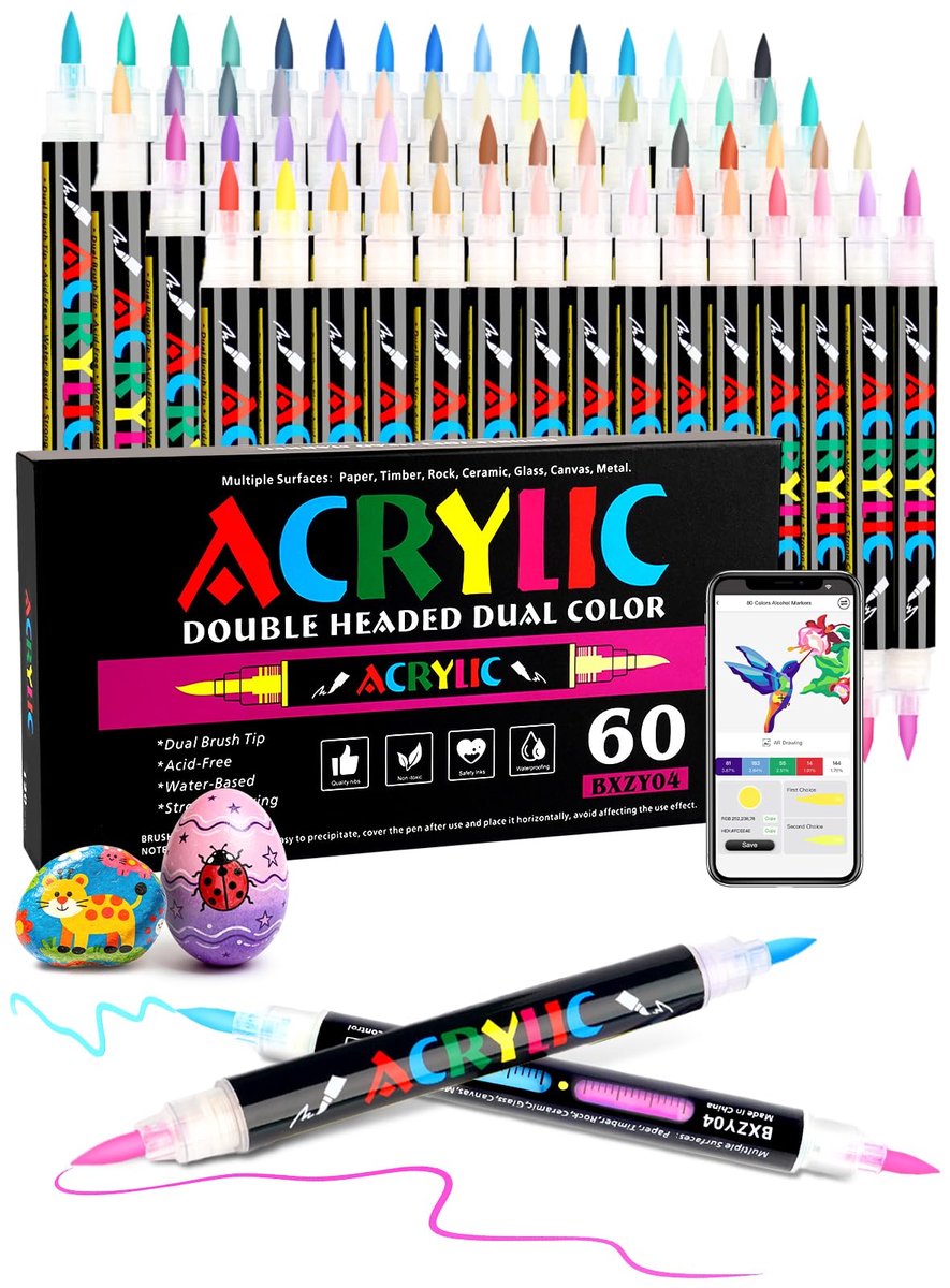 Acrylstiften 120 kleuren - 60-delige set - dubbele punt penseelpunt - ideaal voor creatieve projecten - ShopVlot