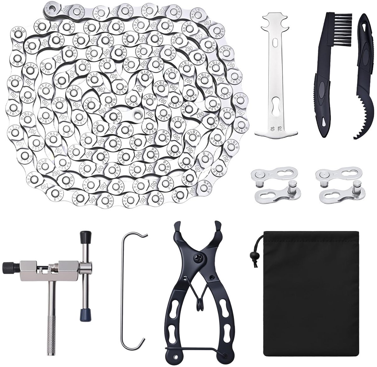 Fiets Ketting Gereedschap 1/2 x 3/32 Inch 116 Link met Ketting Rivet en Schoonmaakborstel voor Fietsen, Inclusief 6 Pairs Kettingslot en Linktang