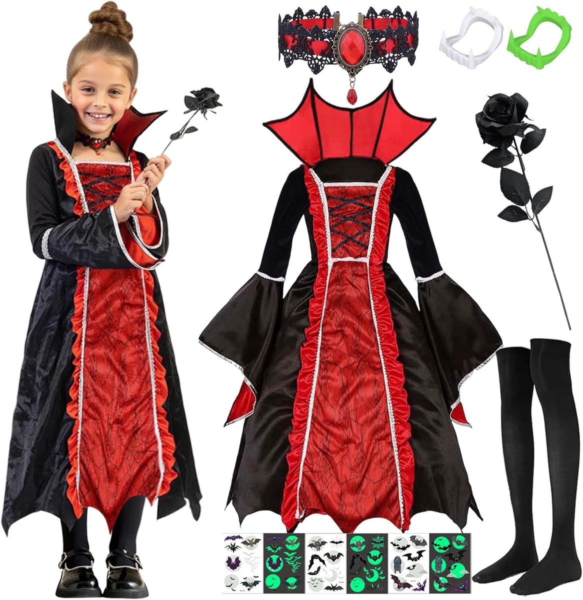 Vampier Kostuum voor Meisjes - 9-delig Halloween Kostuum met Robijn Ketting en Vampier Bijt - Perfect voor Feestjes en Verkleedpartijen
